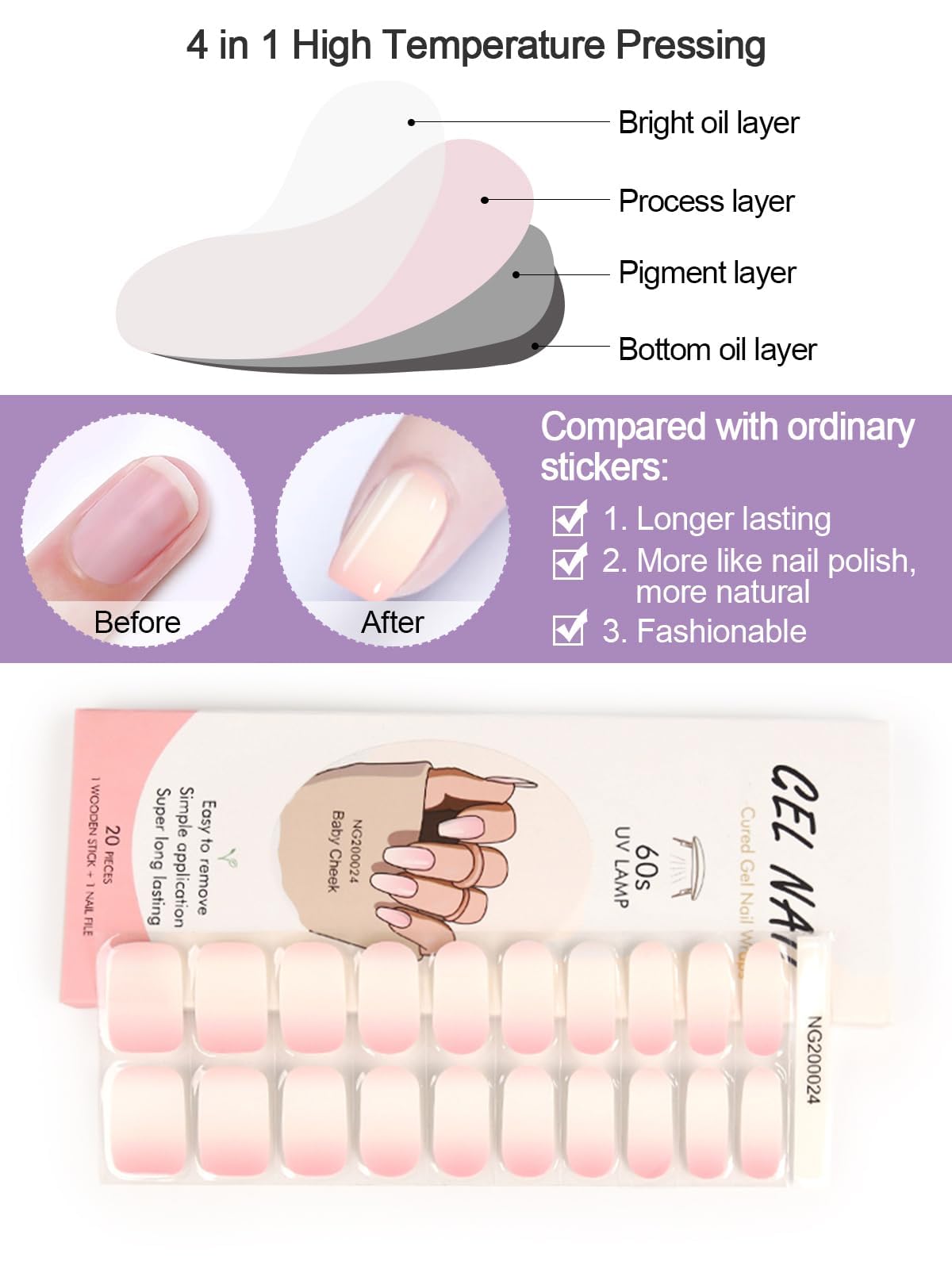 Kalolary 20PCS Gel Nail Polish Strips - Long Lasting Adhesive Nail Wraps for DIY Manicure, Waterproof Nail Art Stickers with Nail File & Stick (UV/LED Lamp Required) - Perfect for Home Salon, Parties & Special Occasions