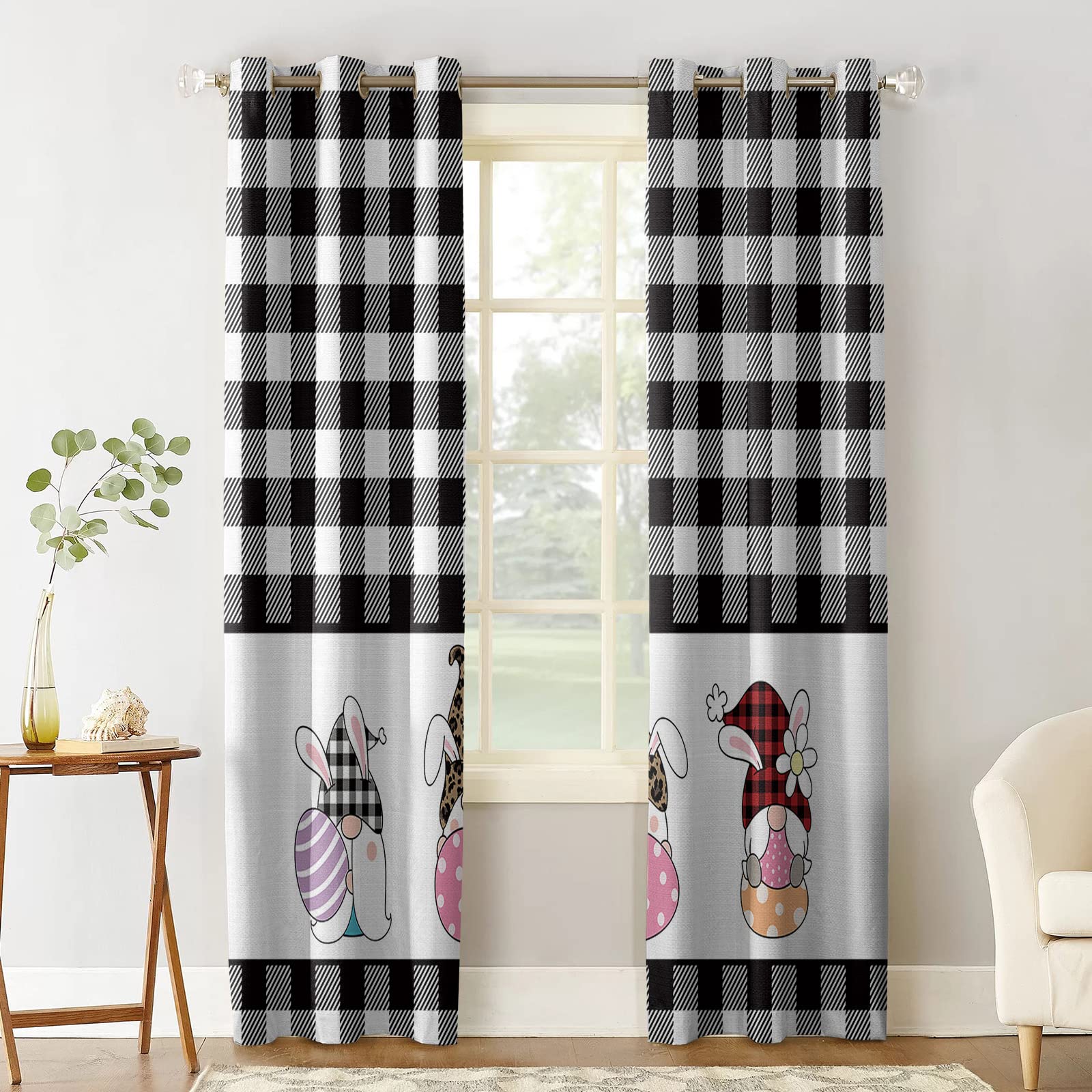Blackout Curtains for Bedroom & Living Room - Thermal Insulated Window Drapes with Grommet Top, Black White Buffalo Check Plaid Design, 2 Panels Set - Perfect for Home, Office, Nursery or Easter Decor (Cute Bunny Ear Gnome Pattern)