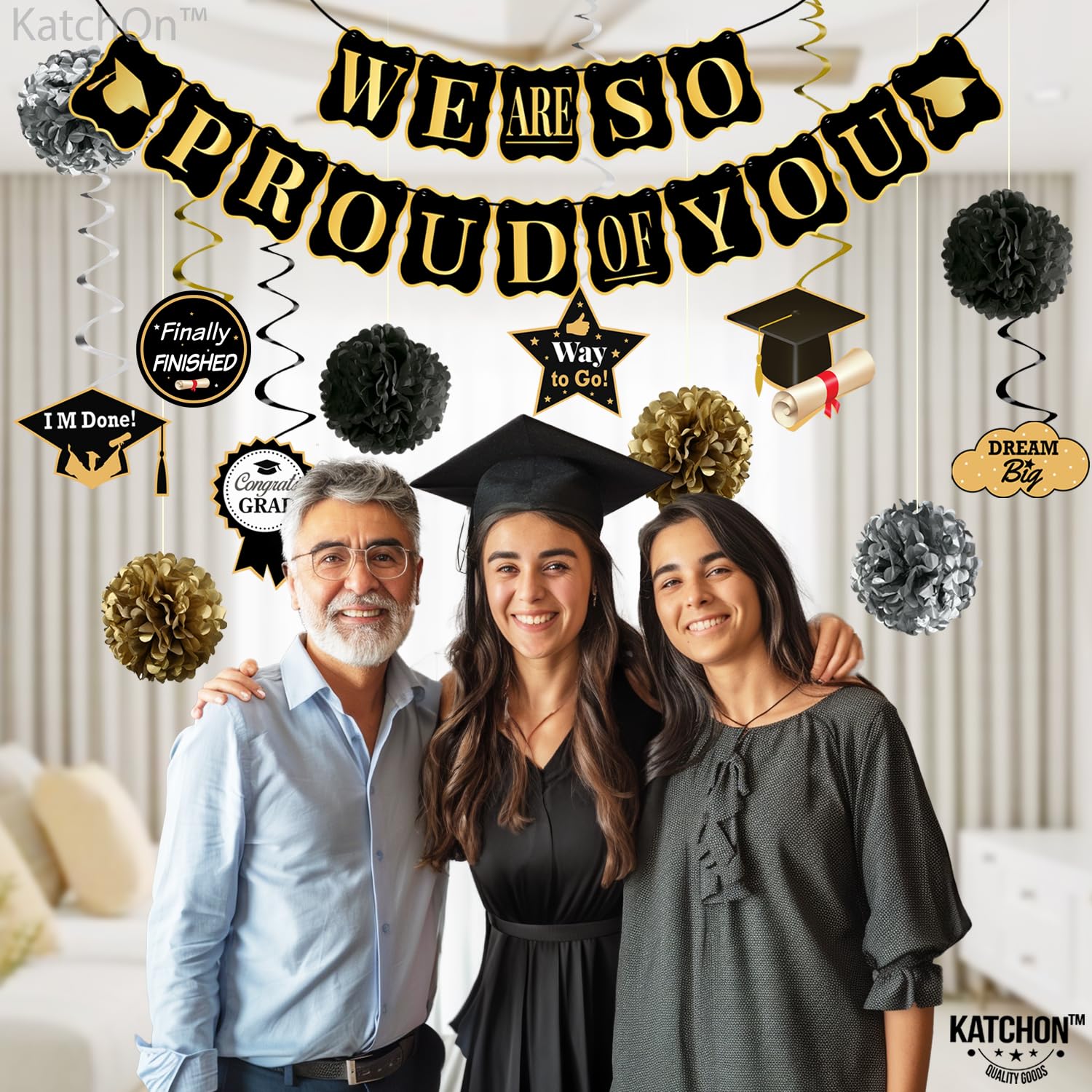 2025 Graduation Party Decorations Set - 34-Pack Black & Gold Grad Banner, Swirls & Pom Poms | 'We Are So Proud of You' Sign | Class of 2025 Celebration Supplies for High School & College Graduation Ceremony Decor