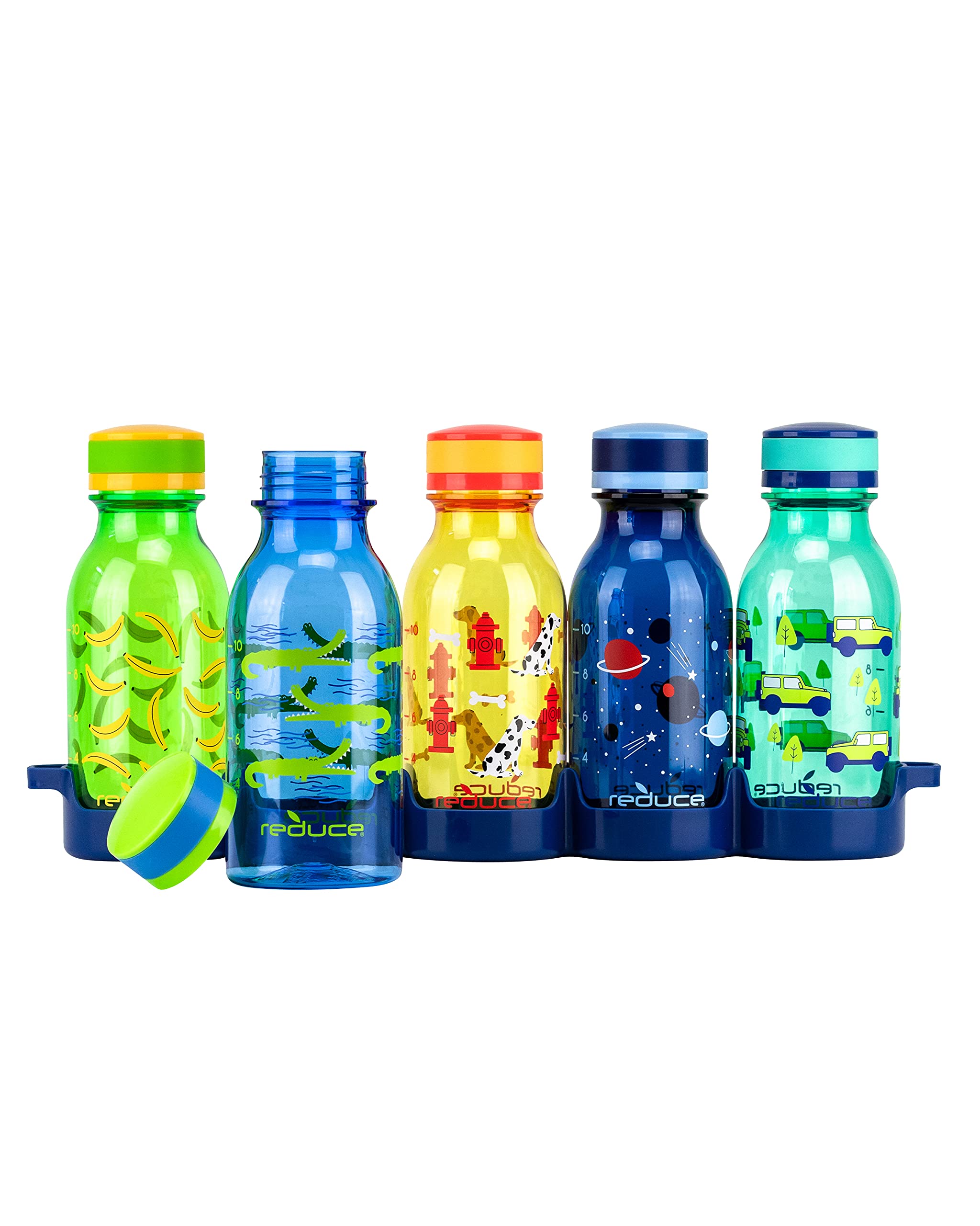 REDUCE WaterWeek 14 oz Refillable Tritan Plastic Water Bottles - 5 Pack Leak Proof BPA-Free Water Bottles with Fridge Storage Tray - Perfect for School, Gym, Office, Travel & Home Use - Reusable Sports Drink Bottles for Kids & Adults