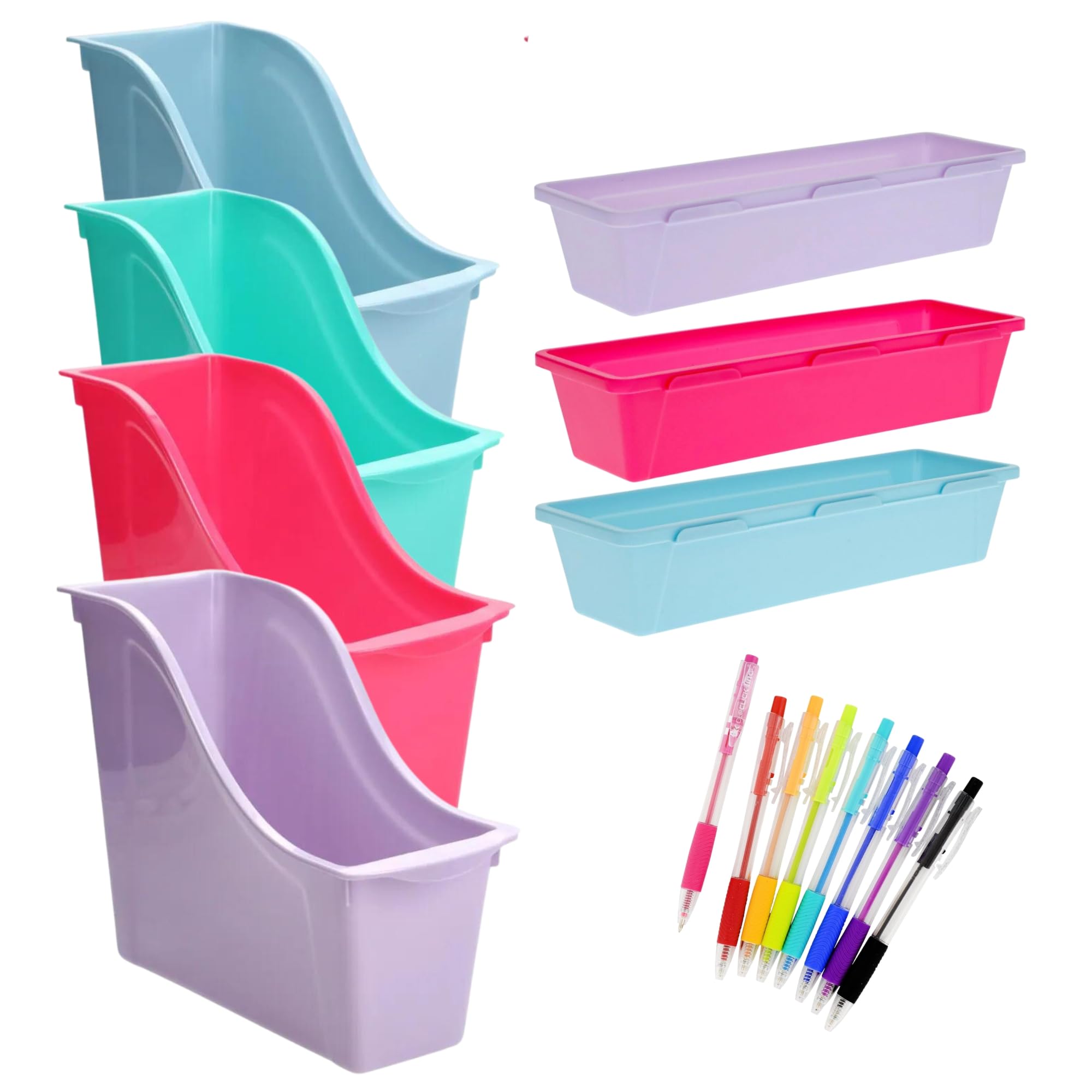 A1U Colorful Plastic Book Bins & Storage Trays - Multipurpose Organizer Baskets for Books, Toys, Office Supplies - Perfect for Home, School & Office Organization (Bundle with Bonus Item)