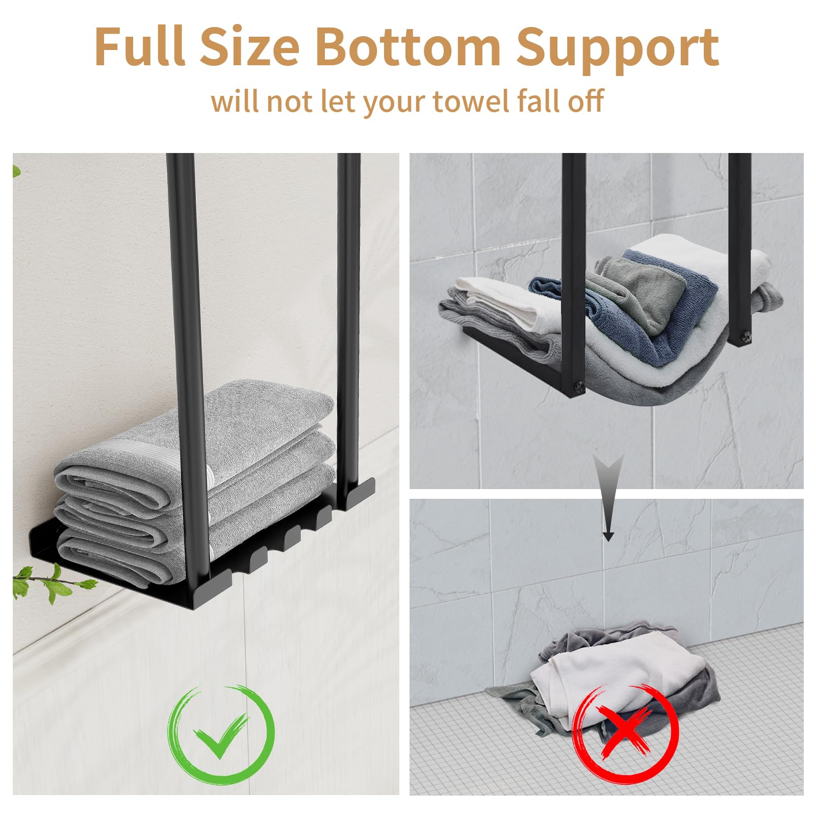 Sturdy Metal Wall Mounted Bathroom Towel Rack with Shelf & Storage Basket - Space Saving Towel Organizer with Hooks for Small Bathrooms (Black) - Perfect for Bathroom Organization & Rolled Towel Storage