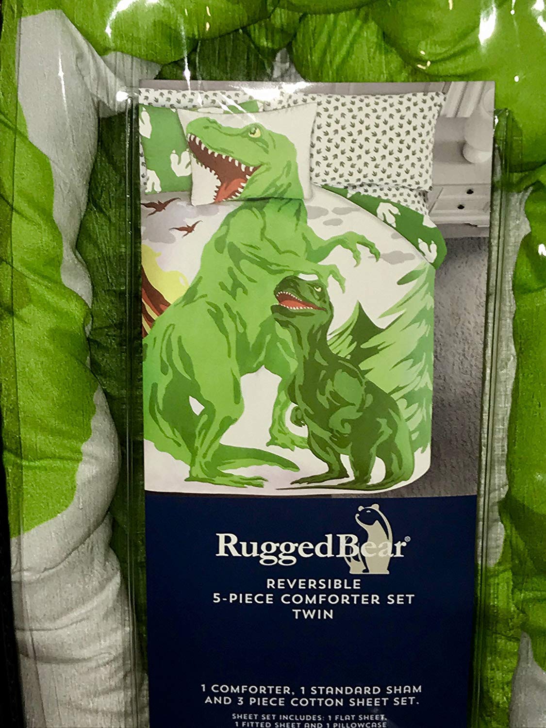 Rugged Bear 7-Piece Reversible Dinosaur Comforter Set - Full/Queen Size with Matching Sheet Set (Comforter, Shams, Fitted Sheet, Flat Sheet, Pillowcases) - Perfect for Kids' Bedroom, Dinosaur Theme Decor, and Cozy Sleep