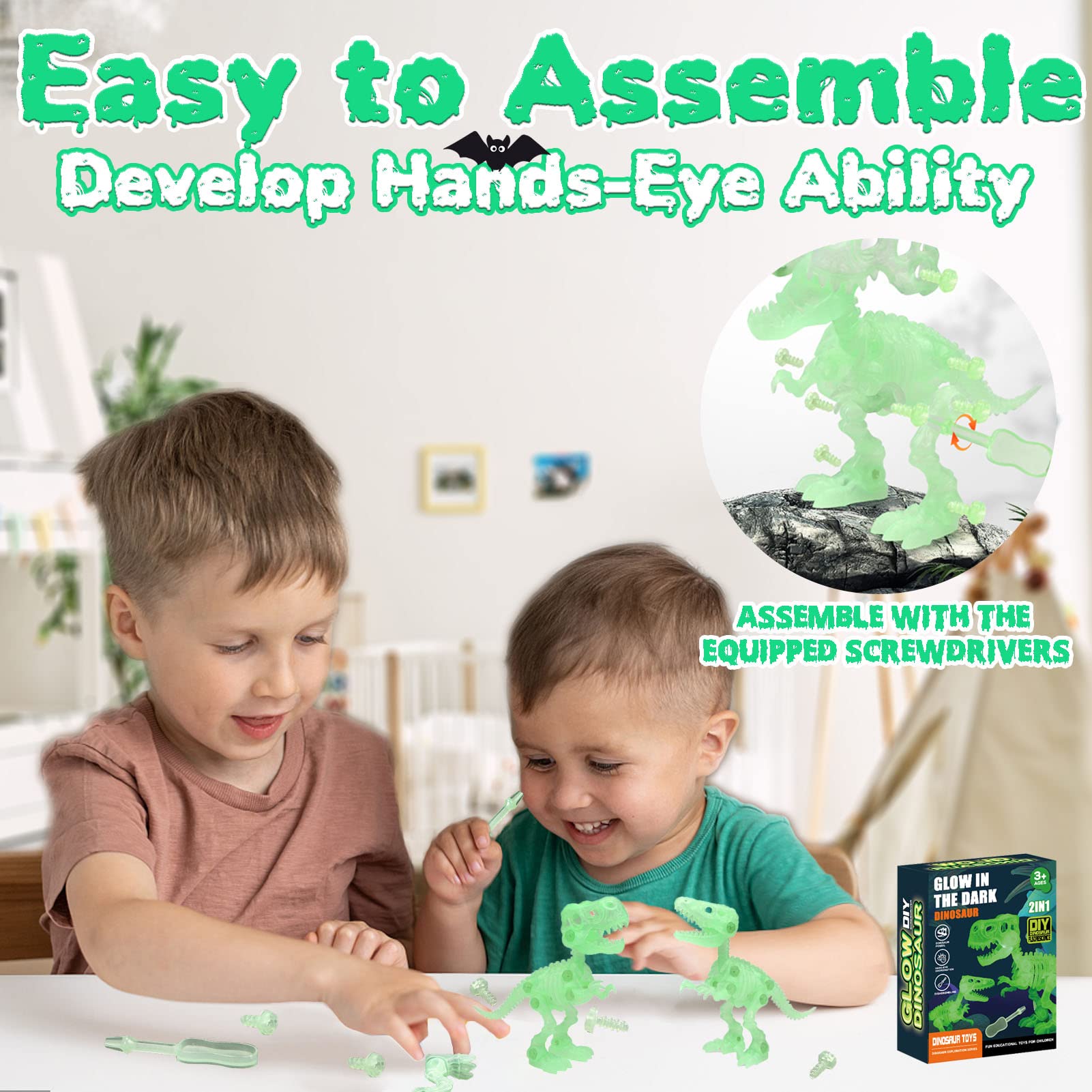 TEUVO Glow in The Dark Dinosaur Fossil Building Toys - 2 Pack STEM Construction Set with Screwdrivers, Educational Take Apart Skeleton Kit for Kids Ages 3-9 | Perfect for Birthday Gifts, Classroom Activities & Science Learning Fun
