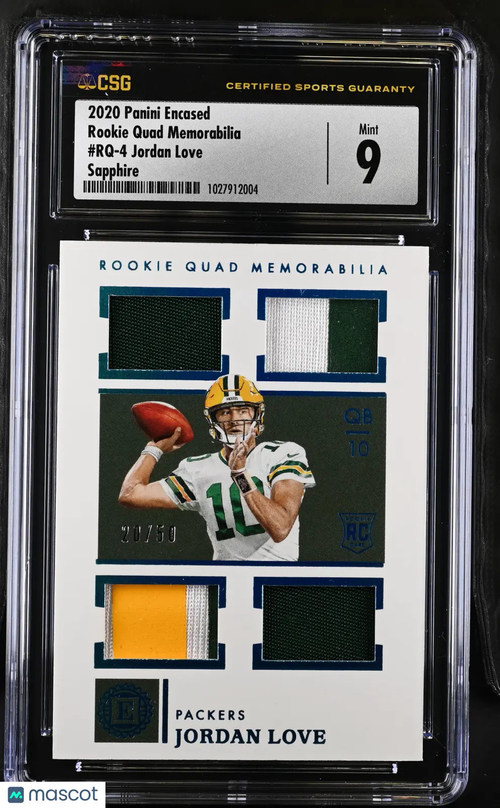 2020 Panini Encased Football Jordan Love Rookie Card Sapphire Quad Memorabilia CGC 9/50 - Rare Collectible for NFL Fans & Sports Memorabilia Collectors - Perfect for Display, Investment & Trading Cards Enthusiasts