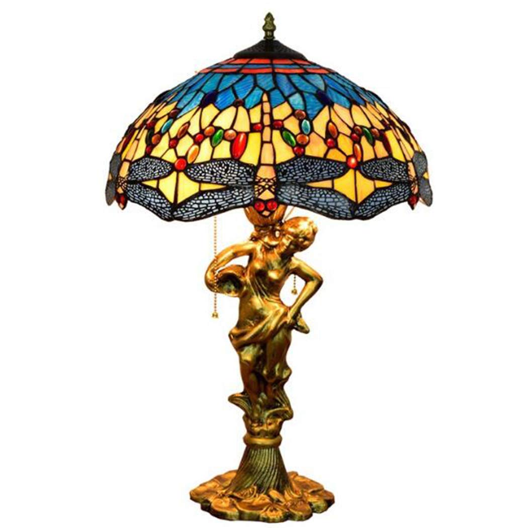Vintage Tiffany Style Dragonfly Table Lamp - Handmade Stained Glass Desk Light, 16