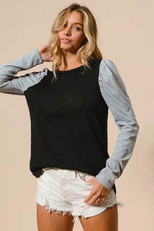 BiBi Cable Knit Sweater Top with Contrast Puff Sleeves | Women's Casual Winter Pullover | Perfect for Office, Date Night & Holiday Outfits