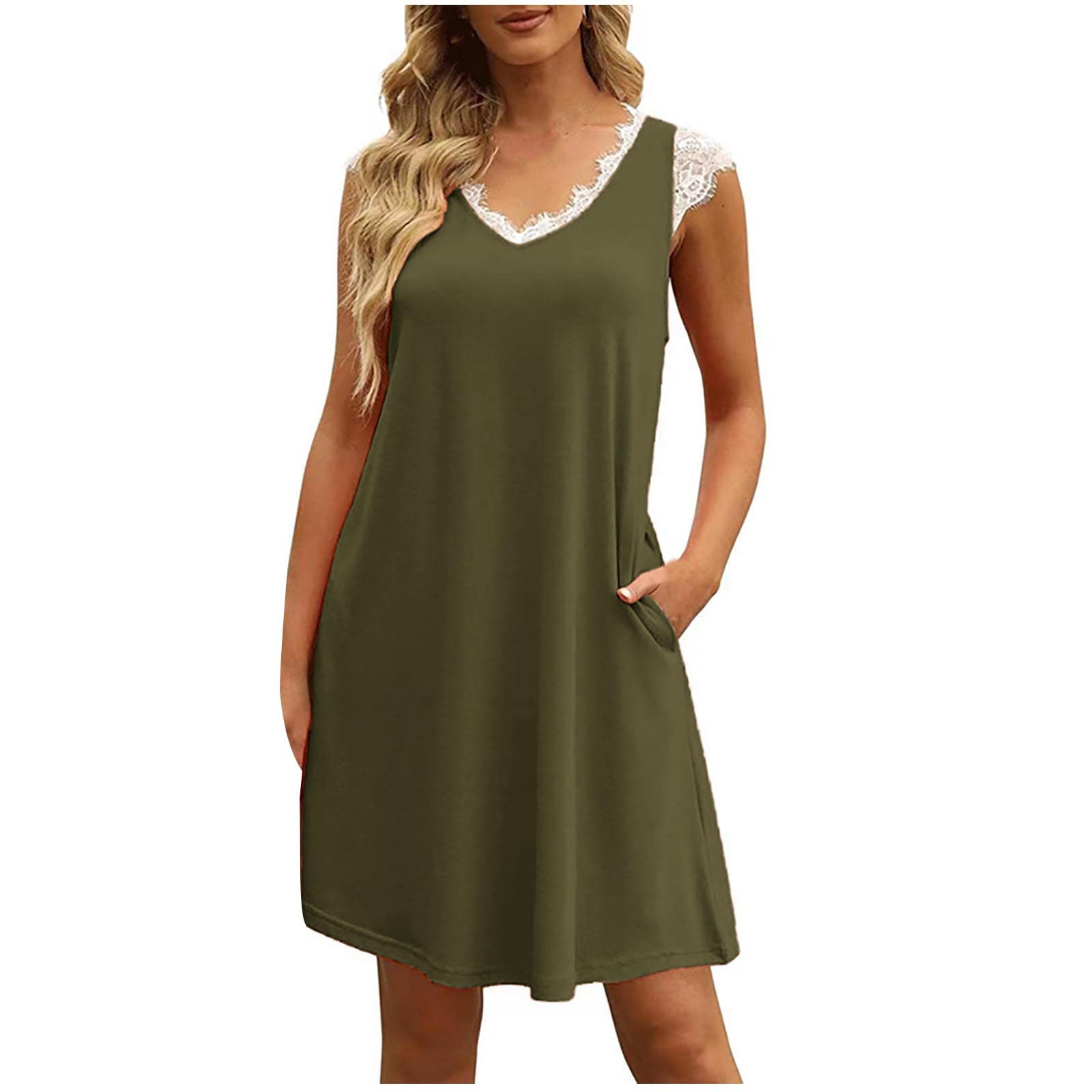Women's Floral Print V-Neck Lace Trim Tank Dress - Sleeveless Loose Fit Summer Mini Dress for Casual Wear, Beach Outings & Party Occasions