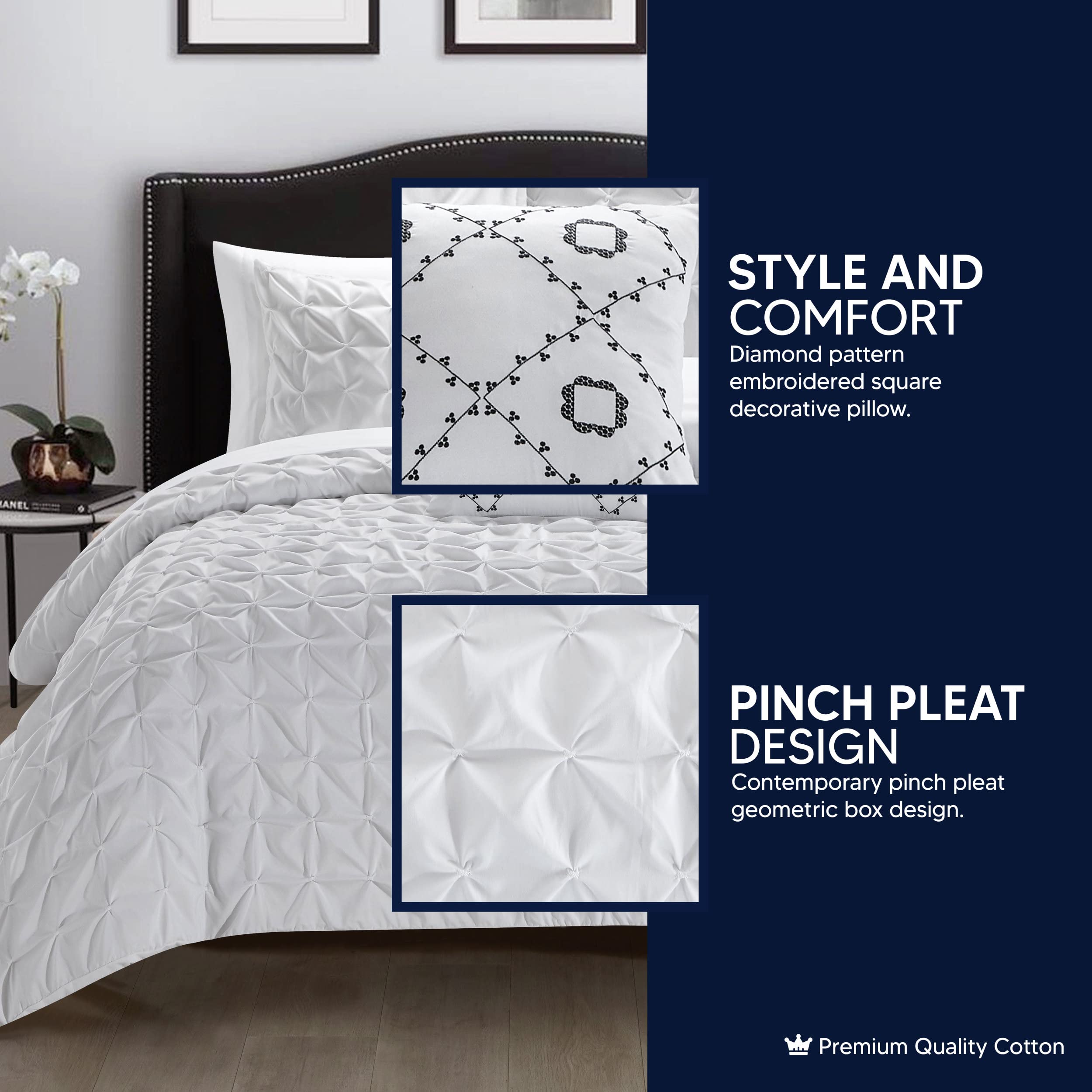 Chic Home Mercer 8-Piece Queen Comforter Set with Pinch Pleat Box Design - Includes Sheet Set & Decorative Pillow Shams, White | Perfect for Master Bedroom, Guest Room & Luxury Hotel Decor