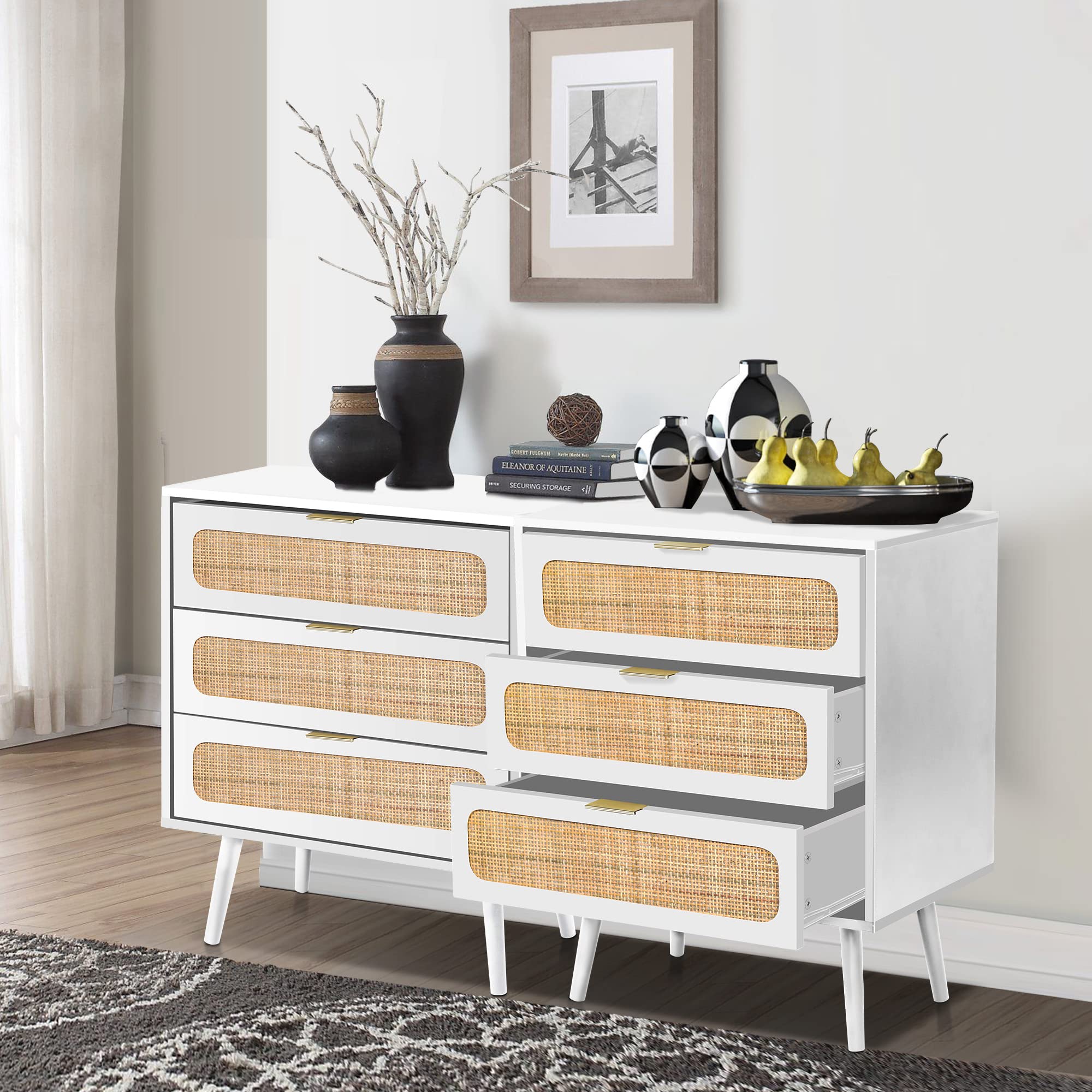 RARZOE 2-Piece Rattan Nightstand Set with 3 Drawers - Natural Wood Storage Dresser Cabinet Organizer for Bedroom, Living Room, Closet & Office - White | Perfect for Small Space Organization & Home Decor
