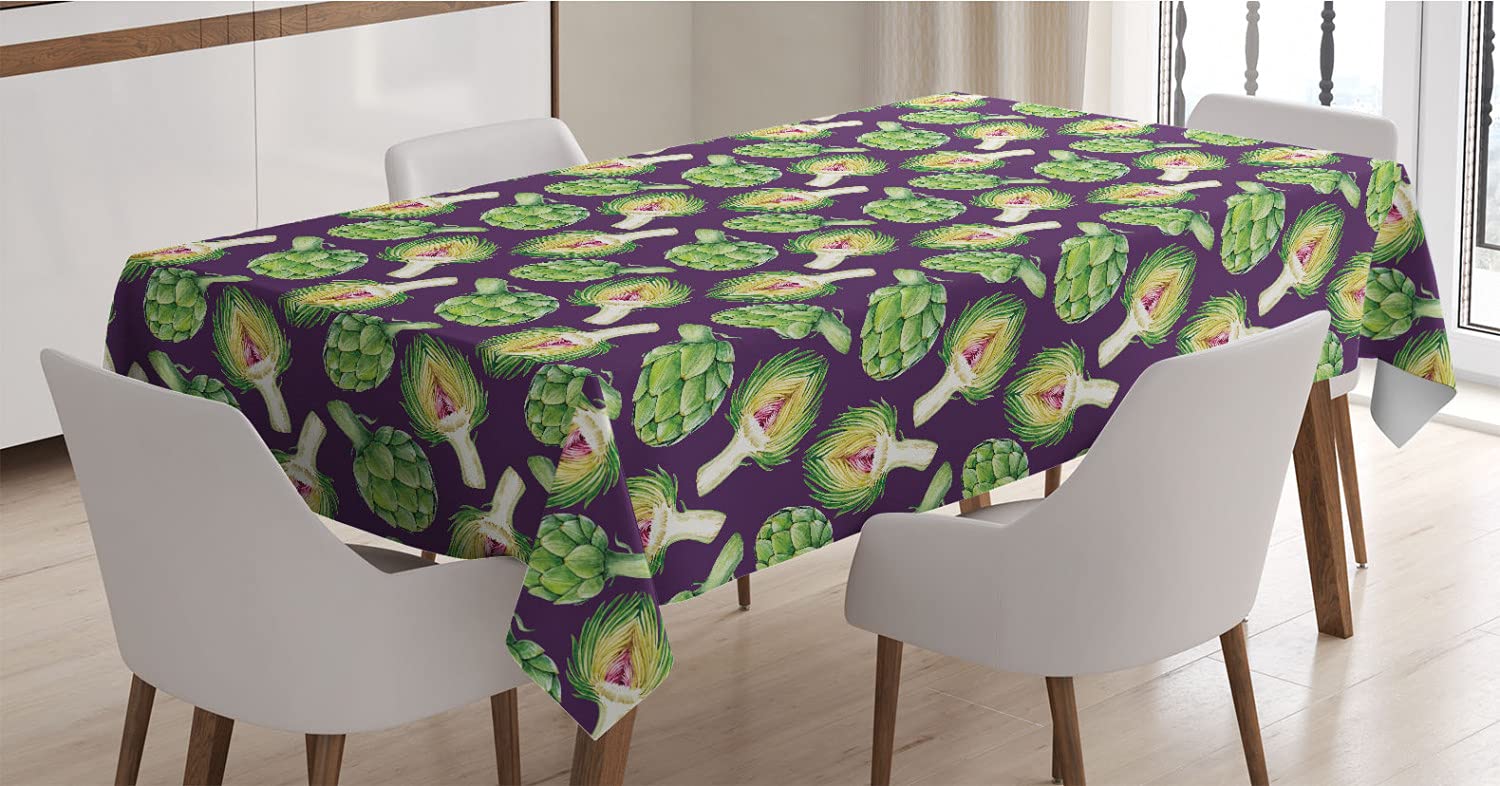 Ambesonne Vegetable Art Tablecloth - Vibrant Artichoke Design Satin Dining Table Cover for Kitchen & Dining Room, 60x84 Inches, Fern Green Plum | Perfect for Tropical-Themed Dinner Parties, Healthy Recipe Presentations & Exotic Home Decor