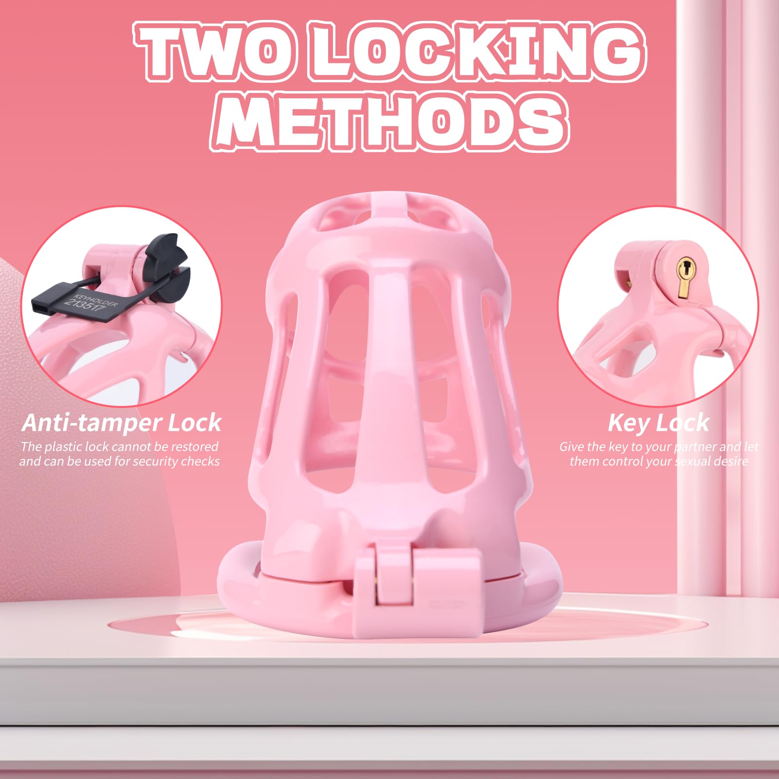 Lightweight Male Chastity Cage with 5 Adjustable Rings & Invisible Lock - Pink Bondage Device for Penis Exercise & Adult Play | Perfect for BDSM, Couples Play & Discreet Wear Under Clothing