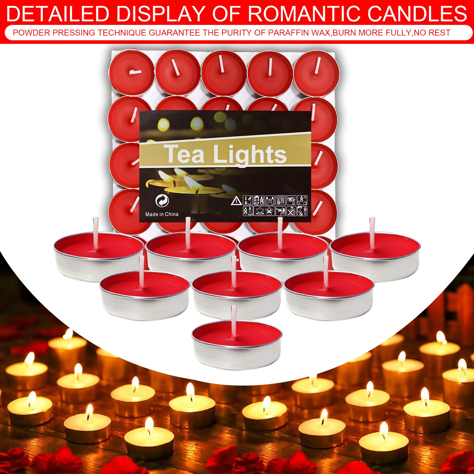OUO Smokeless Tea Lights Candles 50 Pack - Long Lasting & Dripless Mini Candles for Weddings, Home Decor, Parties