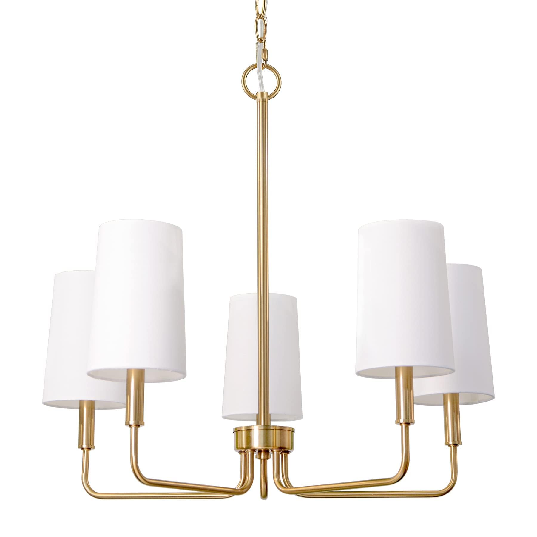5-Light Brushed Brass Chandelier with White Fabric Shades - Farmhouse Linear Island Lighting Fixture for Kitchen, Dining Room & Entryway | Perfect for Rustic, Modern & Transitional Home Decor