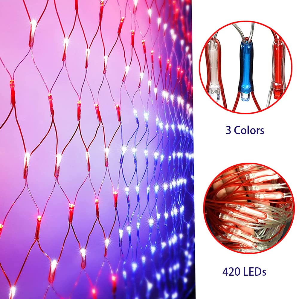 Solar Powered American Flag Lights - 420 LED Waterproof US Flag Lights with 8 Lighting Modes (Plug-in & Solar 2-in-1) for Independence Day Decorations, Garden, Yard, Patio - Perfect for July 4th Celebrations & Outdoor Night Lighting
