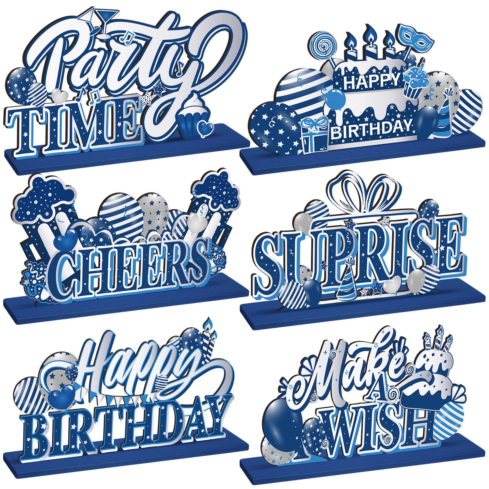 Hoolerry 6-Piece Wooden Birthday Party Decorations Set - Blue and Silver Table Centerpieces for Men & Women | Perfect for Birthday Celebrations, Anniversaries & Special Events