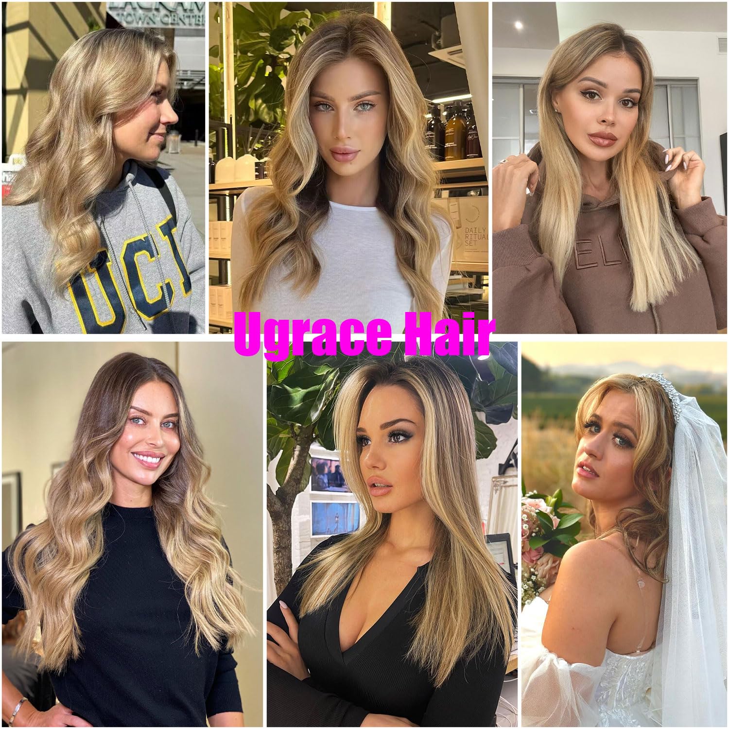 Ugrace Clip In Hair Extensions 20 Inch - Real Human Hair, Invisible Fish Wire, Highlight Color P16/613 - Seamless Straight Hair Extensions for Women | Perfect for Daily Wear, Parties & Special Occasions