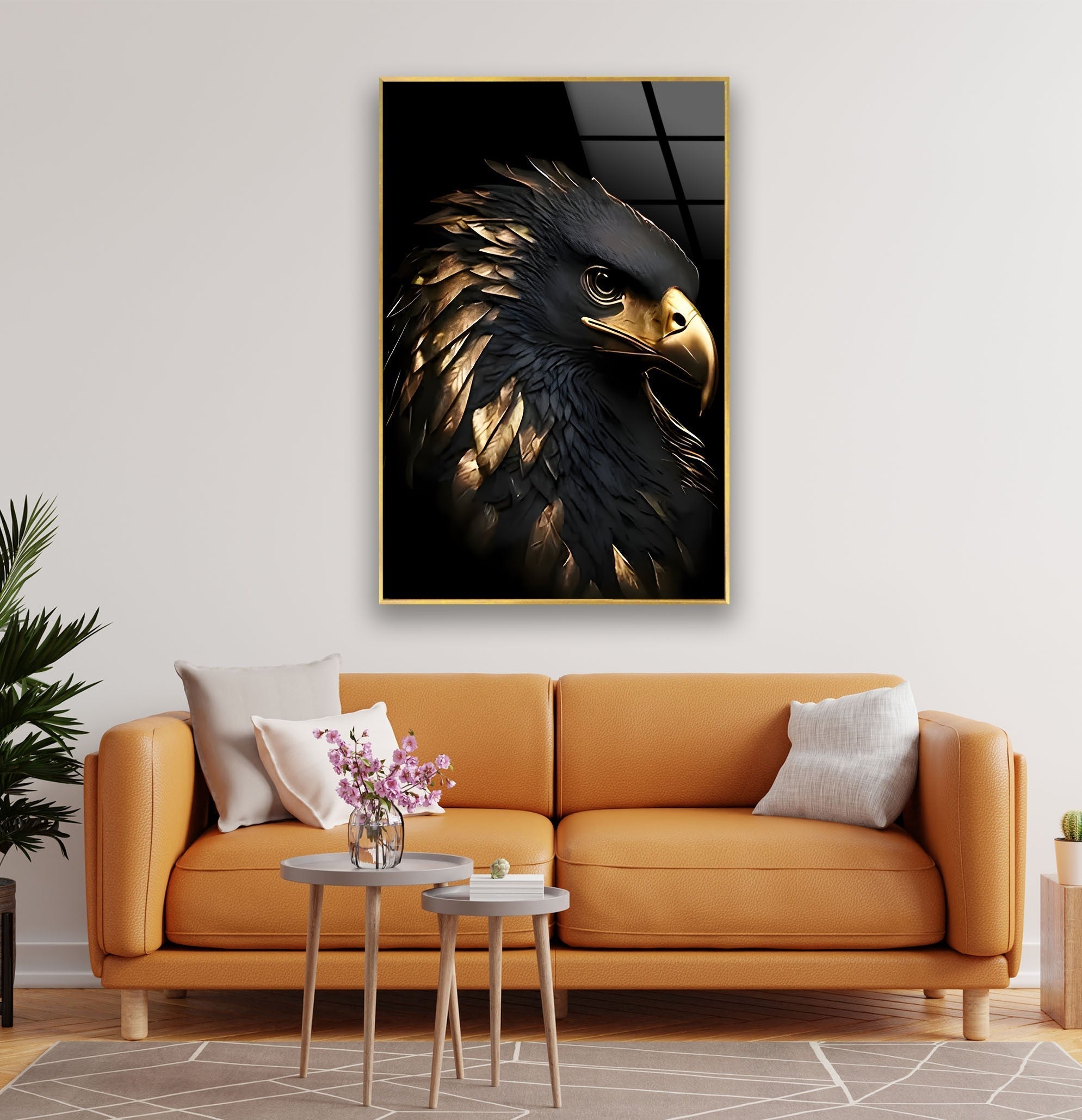 Black Gold Eagle Glass Wall Art - Handmade Modern Home Decor for Living Room, Bedroom & Office - Elegant Glass Artwork for Gifts & Interior Design