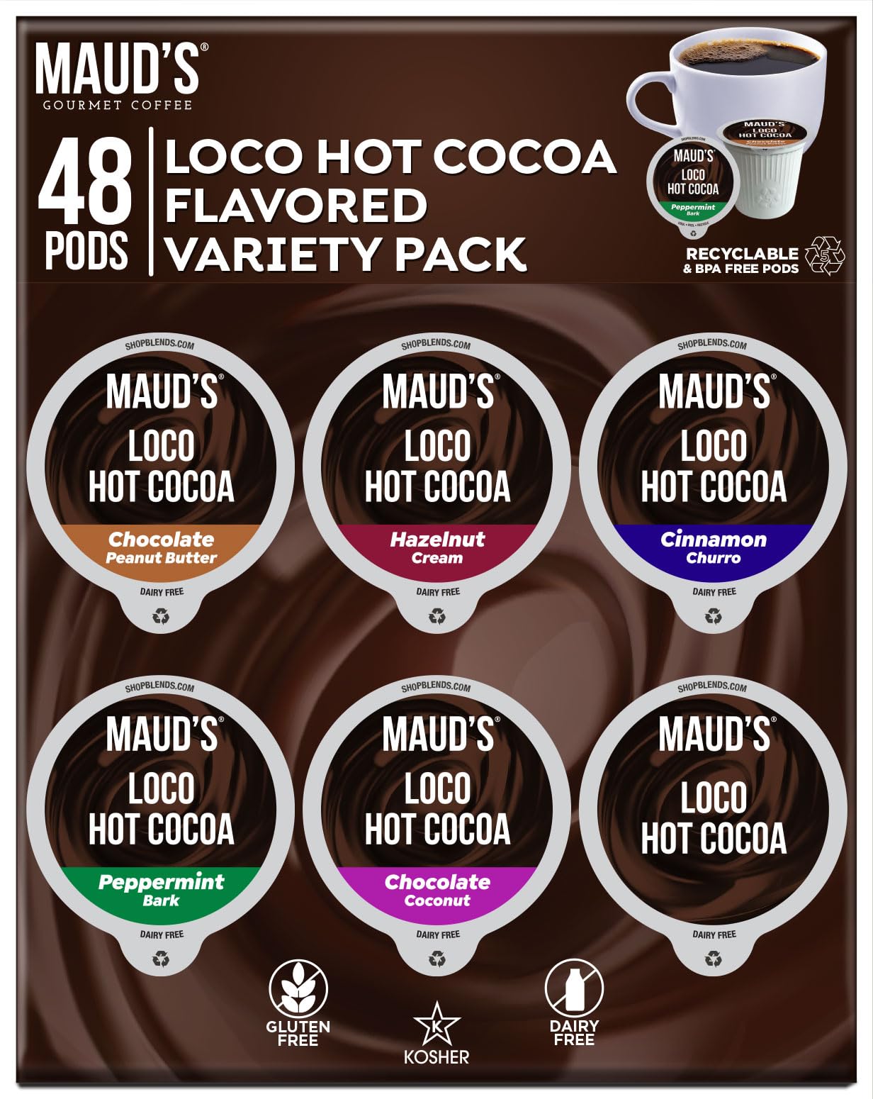 Maud's Flavored Hot Chocolate Variety Pack - 48 Count Single Serve Pods, Recyclable & Keurig K-Cup Compatible - Perfect for Home, Office & Holiday Gifting