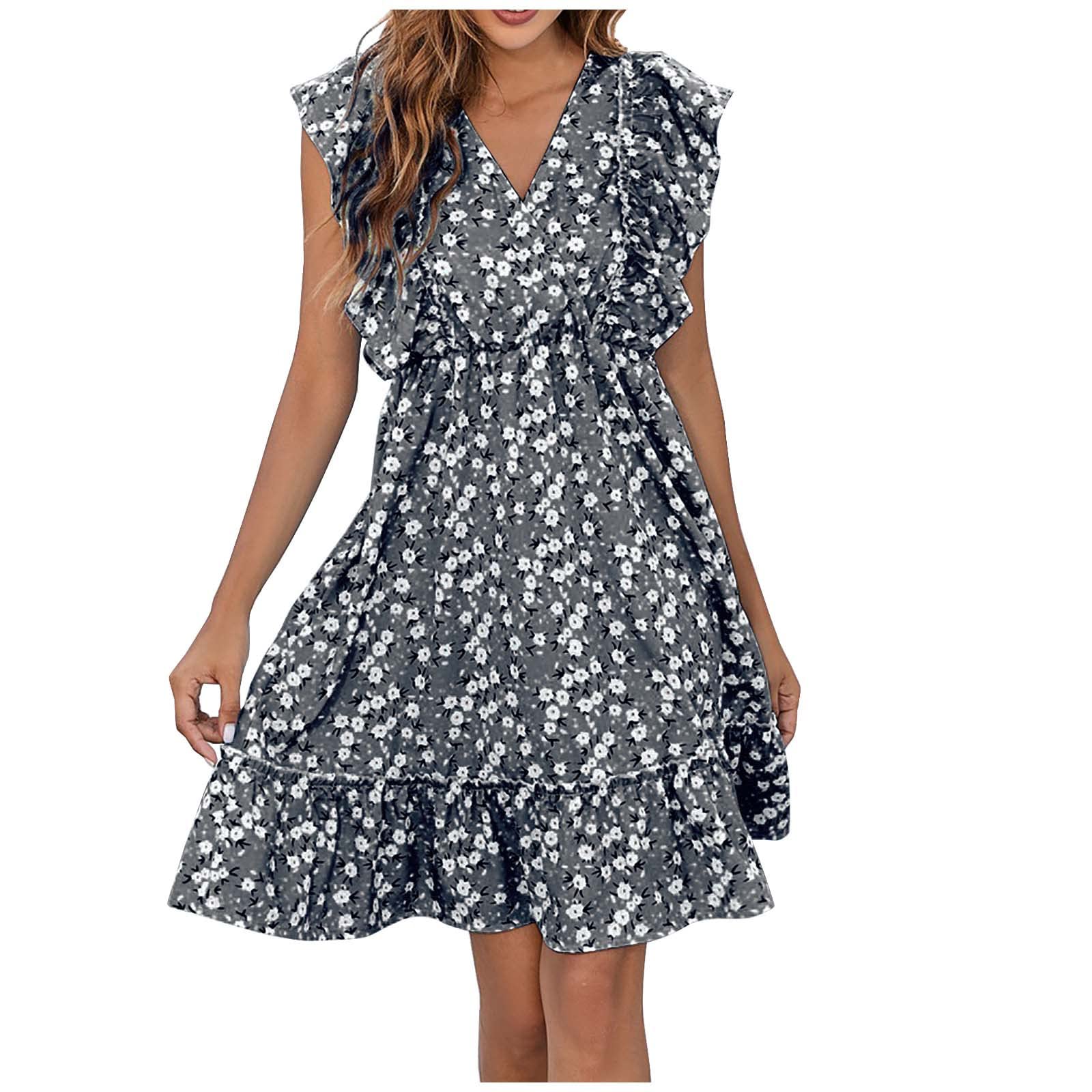 Women's Floral Print V-Neck Ruffle Sleeve High Waist Flowy Mini Skater Dress - Casual Summer Dress for Beach, Party & Date Night