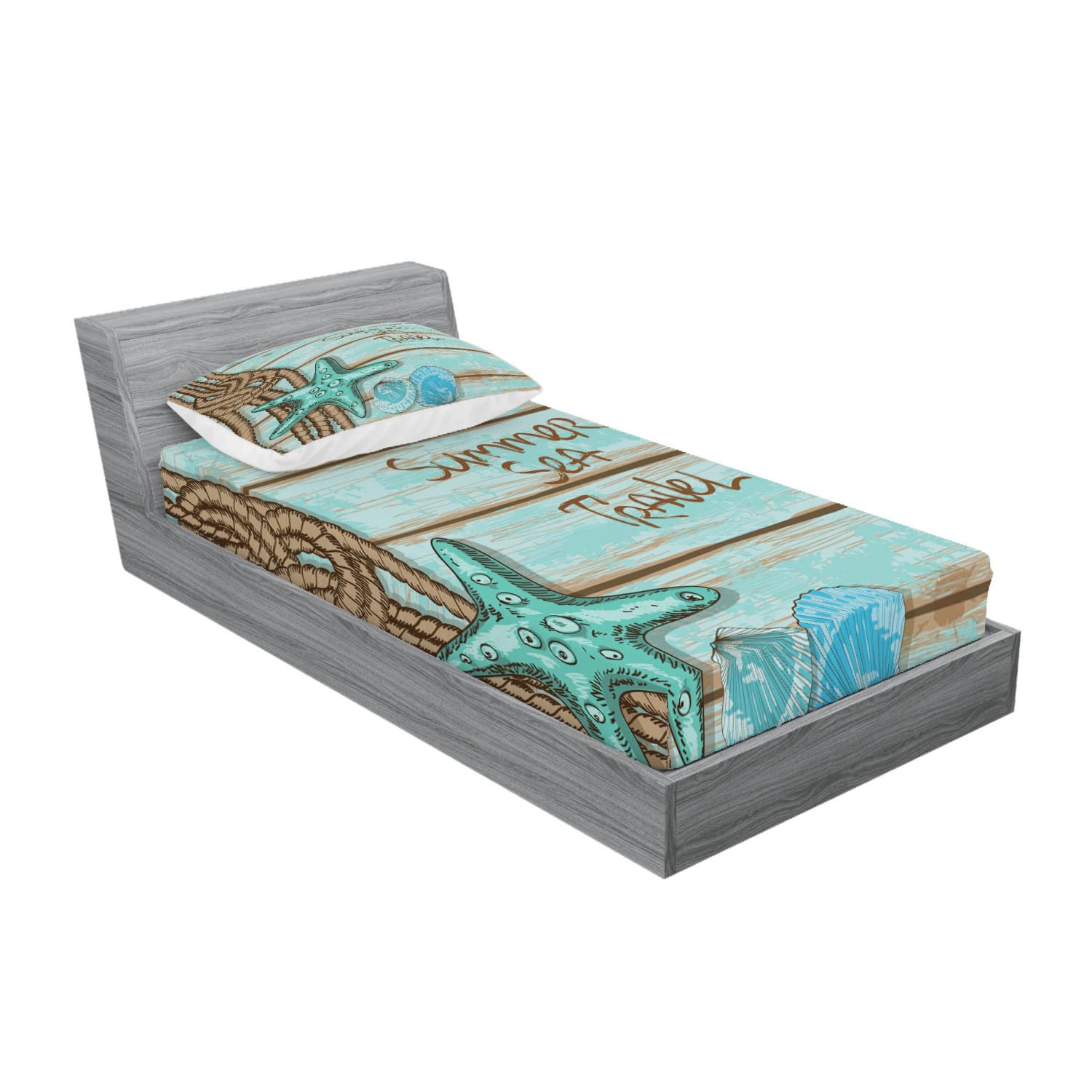 Ambesonne Starfish 2-Pack Twin Fitted Sheet & Pillow Sham Set - 4 Piece Summer Beach Bedding Decor in Mint Green Turquoise - Perfect for Vacation Homes, Guest Rooms & Coastal Themed Bedrooms