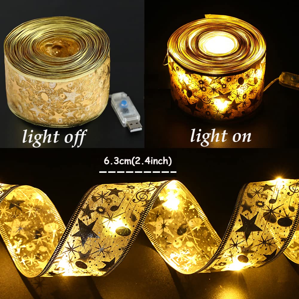 GIHOO 32ft 100 LED Christmas Tree Lights with Copper Wire & Ribbon Bows - Warm Gold Lights (6.3cm Width) for Holiday Decorations, Parties, Weddings | Perfect for Indoor/Outdoor Christmas Trees, Home Decor, and Festive Events