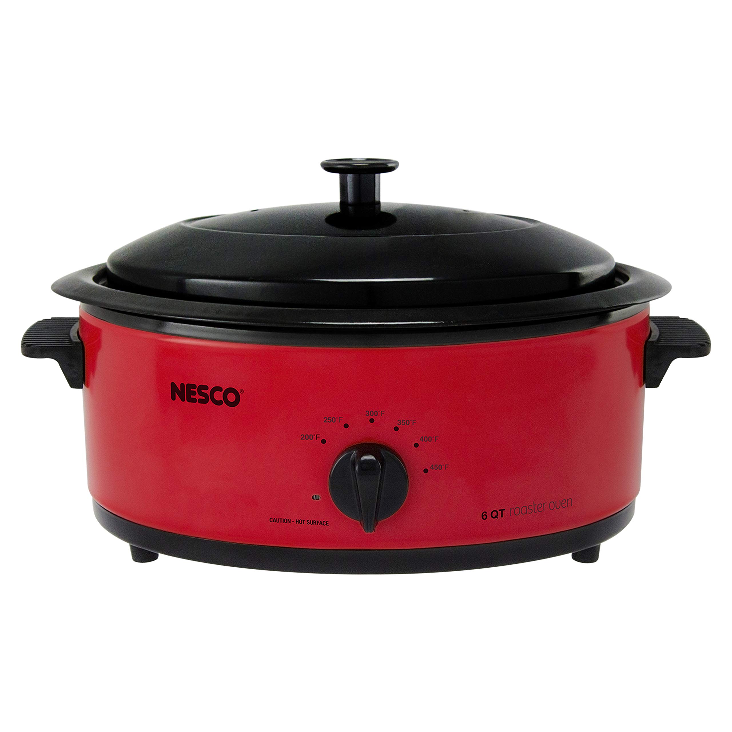 NESCO 4816-12 6-Quart Roaster Oven with Porcelain Cookwell - 750W Electric Countertop Roaster for Turkey, Chicken & Meals - Perfect for Holidays, Family Dinners & Large Gatherings (Red)