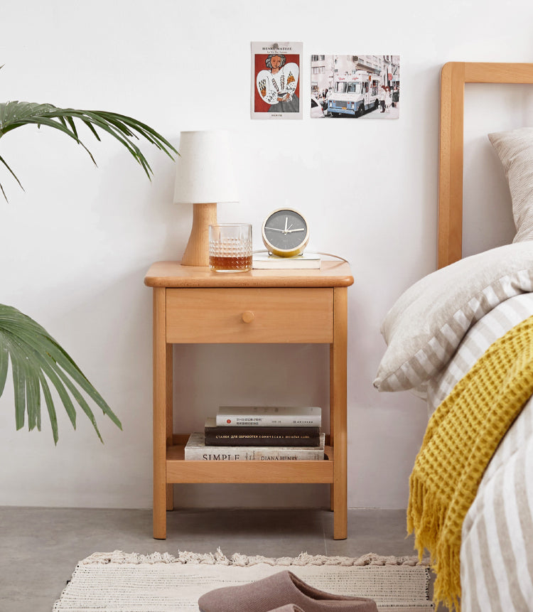 Solid Wood Nightstand - Beech & Pine Bedside Table for Bedroom, Modern & Rustic End Table with Storage Shelf - Perfect for Bedroom, Living Room, or Office