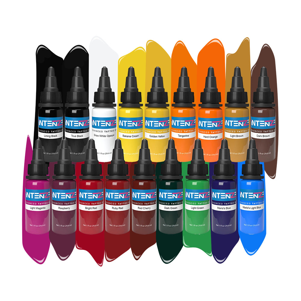 Intenze Tattoo Ink Set - 18 Bottles (4oz Each) for Dark Skin Tattoos - Professional Tattoo Supplies for Artists & Beginners - Perfect for Sleeves, Portraits & Body Art