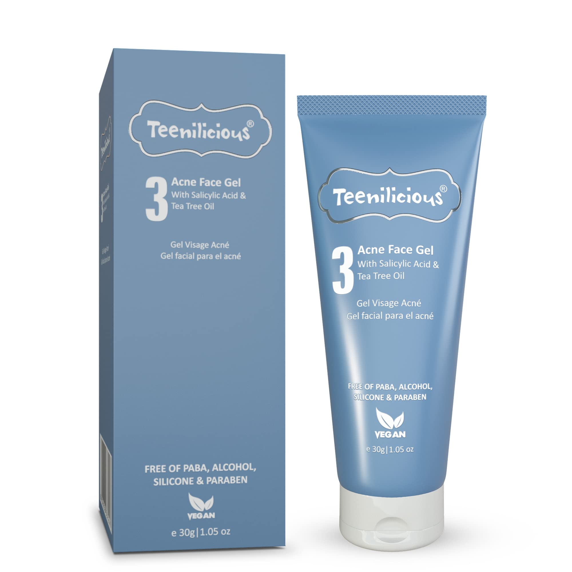Teenilicious Acne Face Gel with 2% Salicylic Acid & Tea Tree Oil - Acne Treatment for Men & Women - Blackhead & Whitehead Remover - Pore Cleanser for Oily Skin - 30g | Daily Skincare Routine for Clear, Healthy Skin