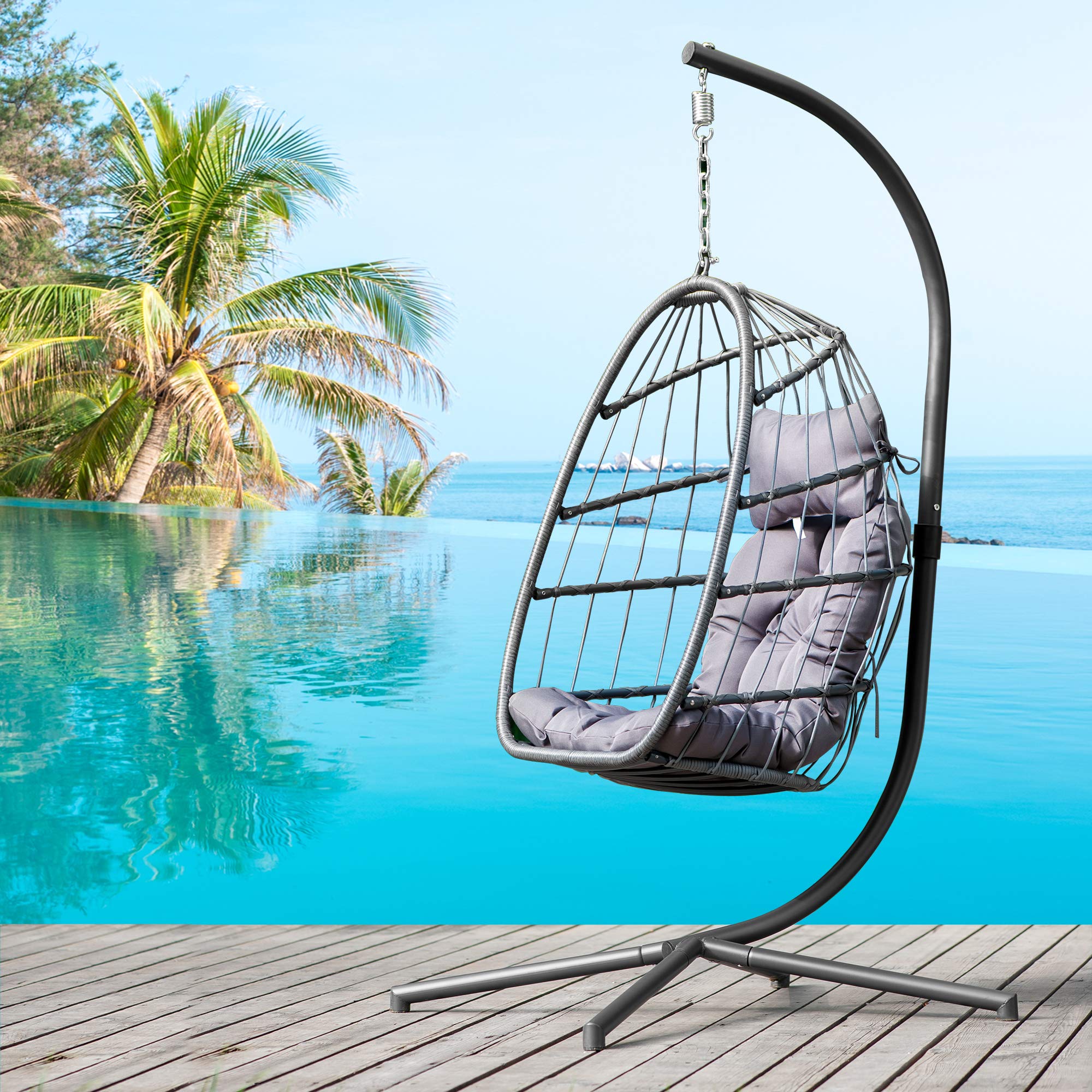 Wicker Swing Egg Chair - Outdoor Hanging Hammock Chair with Stand, 350 lbs Weight Capacity - Perfect for Patio, Garden, Backyard Relaxation and Boho Home Decor