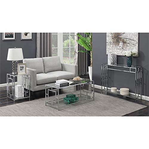Convenience Concepts Town Square Coffee Table - Modern Sofa Storage Shelf & Narrow Entryway Hall Table for Living Room, Bedroom, Bathroom - 42 Inch Glass & Chrome Console Table - Perfect for Small Spaces, Home Organization & Stylish Décor