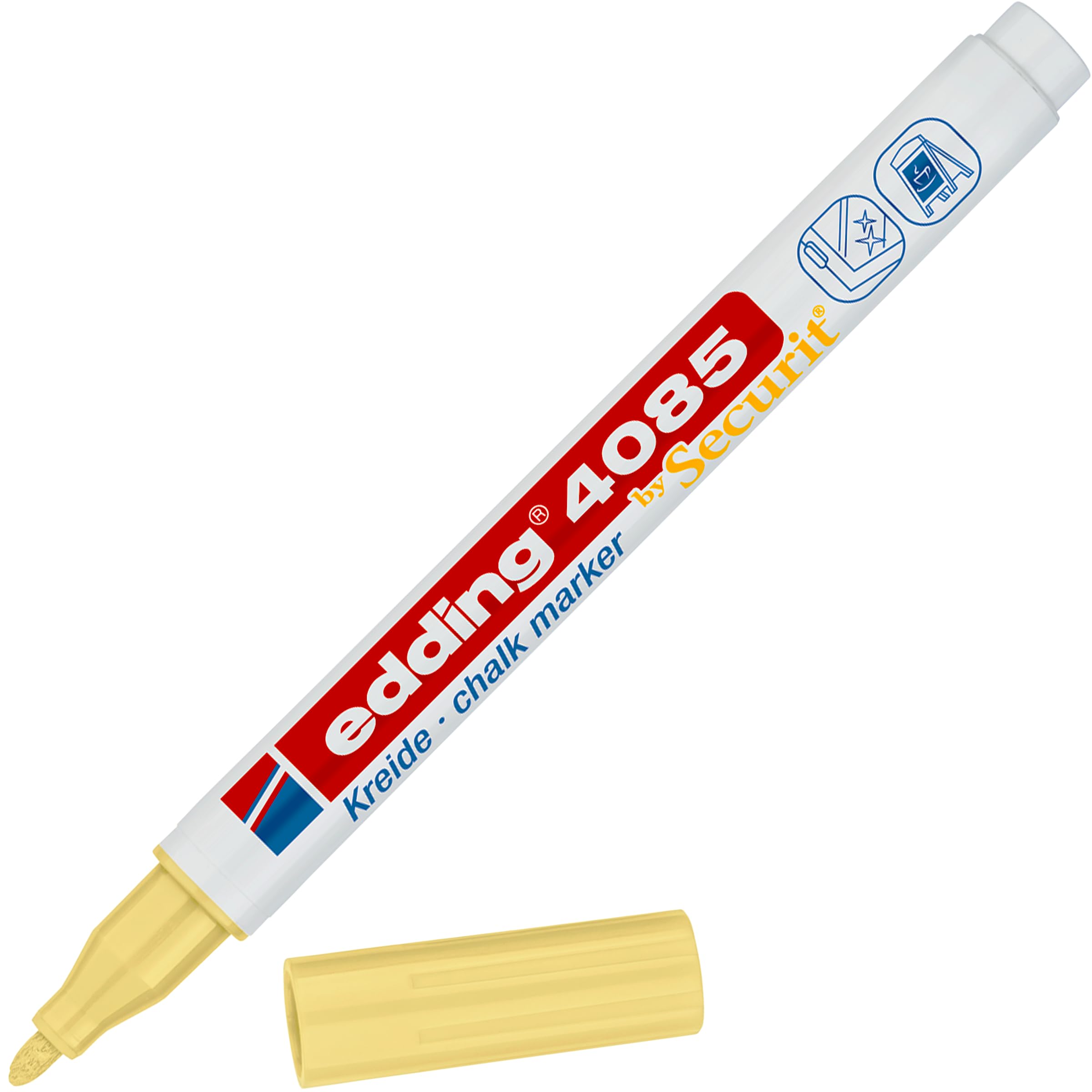 Edding 4085 Chalk Marker - Pastel Yellow, 1 Fine Tip Chalk Pen with 1-2mm Round Nib - Opaque Liquid Chalk Marker for Chalkboards, Windows, Glass & Mirrors - Perfect for Restaurants, Cafes, Retail Signs & DIY Home Decor