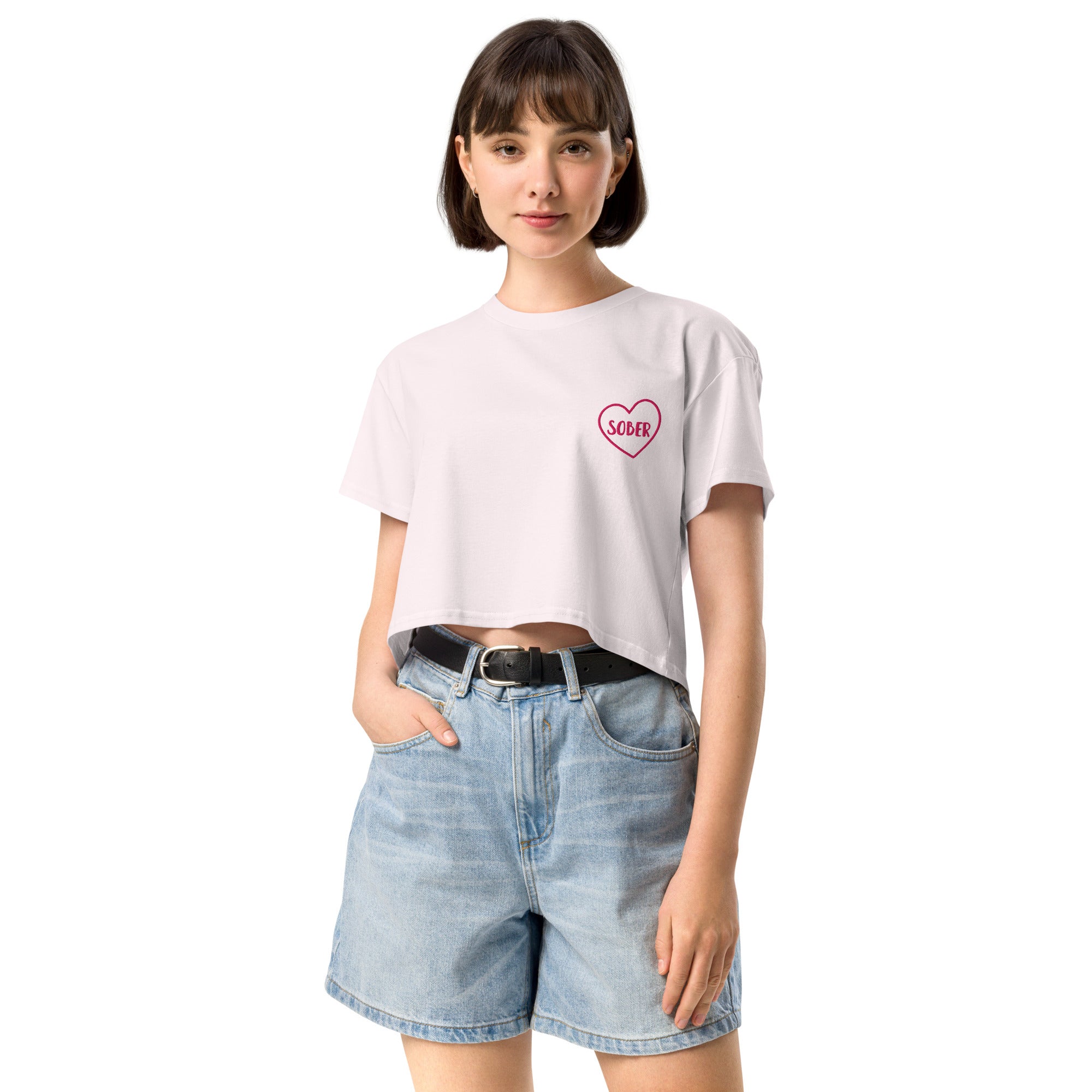 Sober in a Heart Embroidered Women's Crop Top - Stylish Casual Summer T-Shirt for Women, Perfect for Beach Outings, Music Festivals & Streetwear Fashion