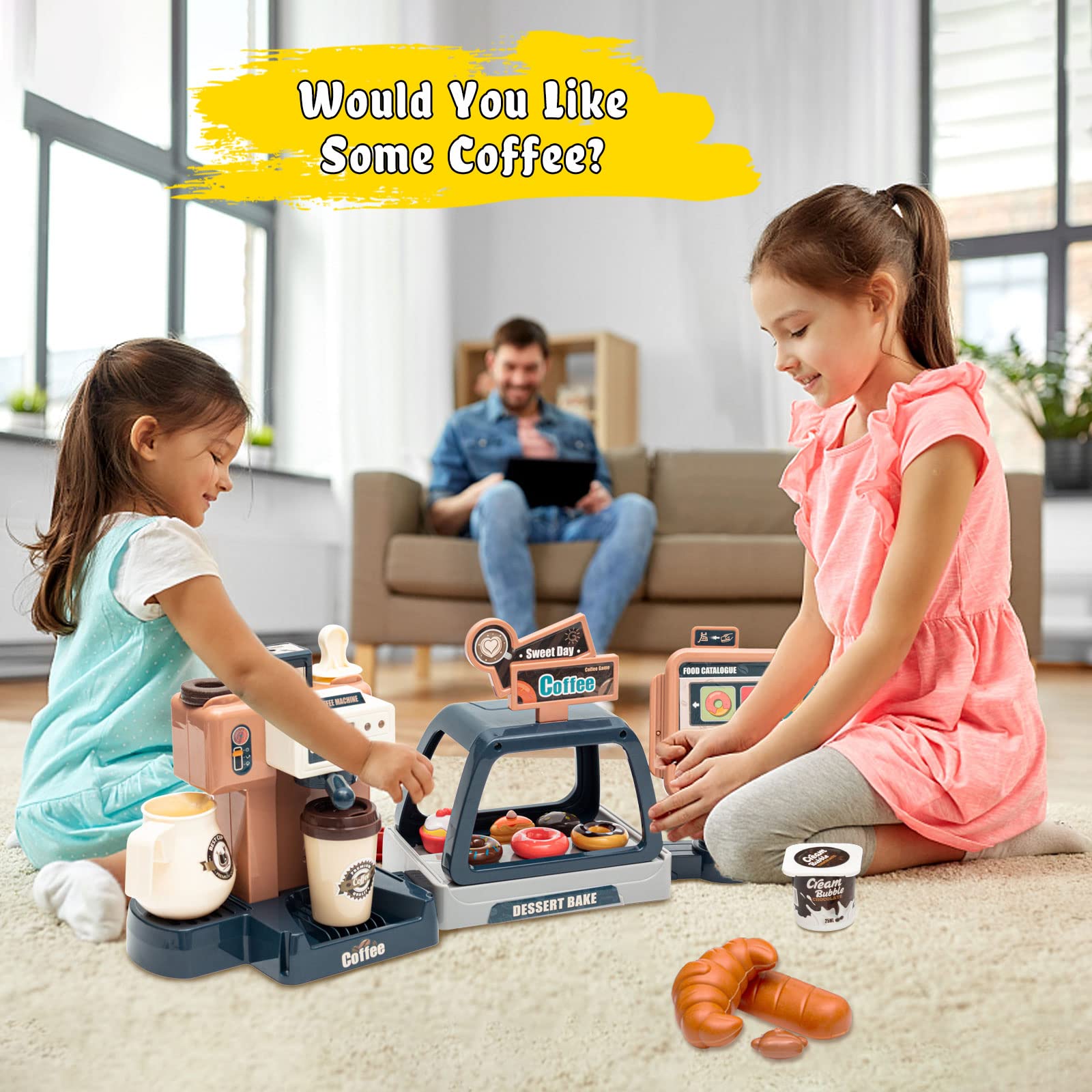 Jomifin Pretend Play Coffee Shop Set for Kids - 41Pcs Classic Edition with Coffee Maker Machine & Fake Donuts - Educational Role Play Toy for Boys & Girls - Perfect for Birthday Gifts & Preschool Learning Activities
