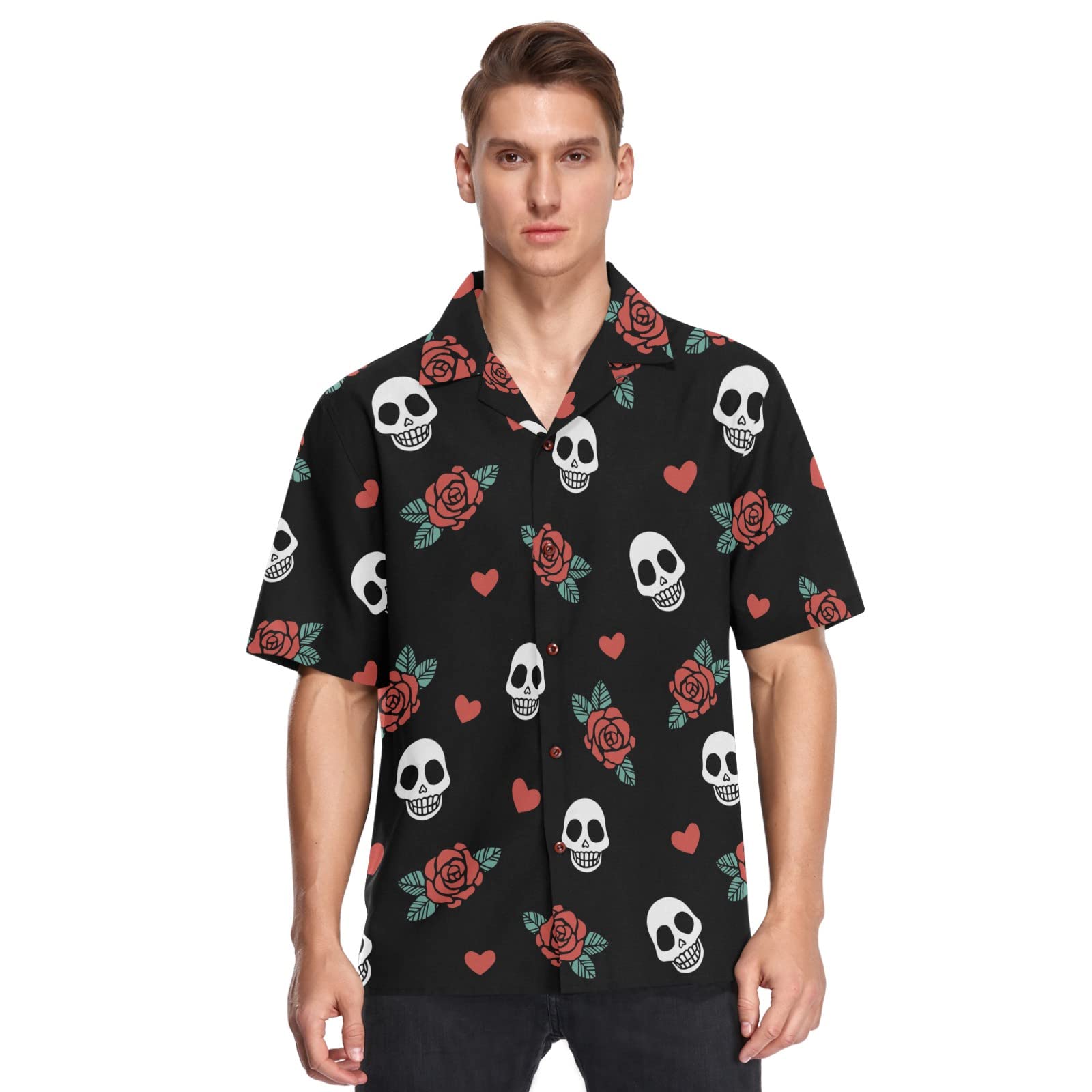 Halloween Skull Cartoon Print Men's Casual Button Down Hawaiian Shirt - Party, Vacation & Cosplay Outfit - Size S 2045234