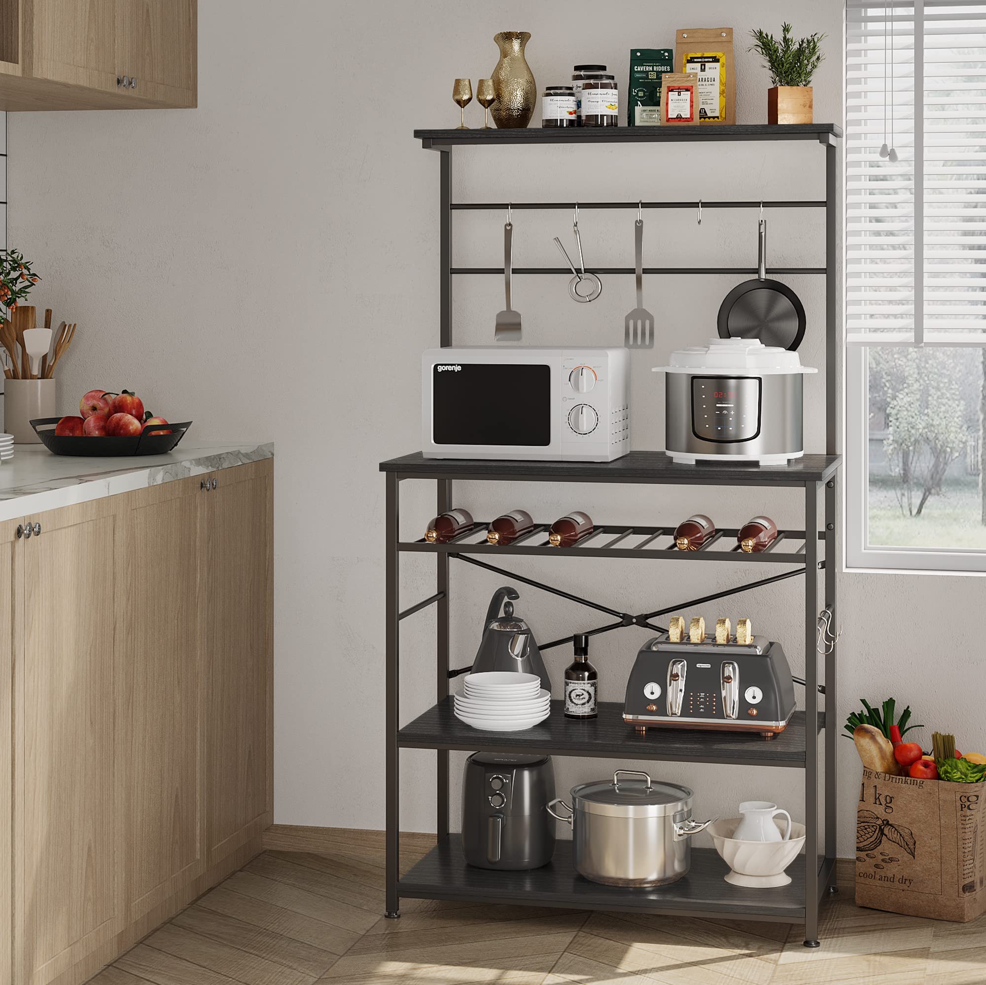 Bestier 5-Tier Industrial Kitchen Baker's Rack with Wine Storage, Microwave Stand & Hutch - Free Standing Metal Shelving Unit with Utility Hooks for Kitchen Organization - Perfect for Small Spaces, Pantry Storage & Baking Workstation (Black)