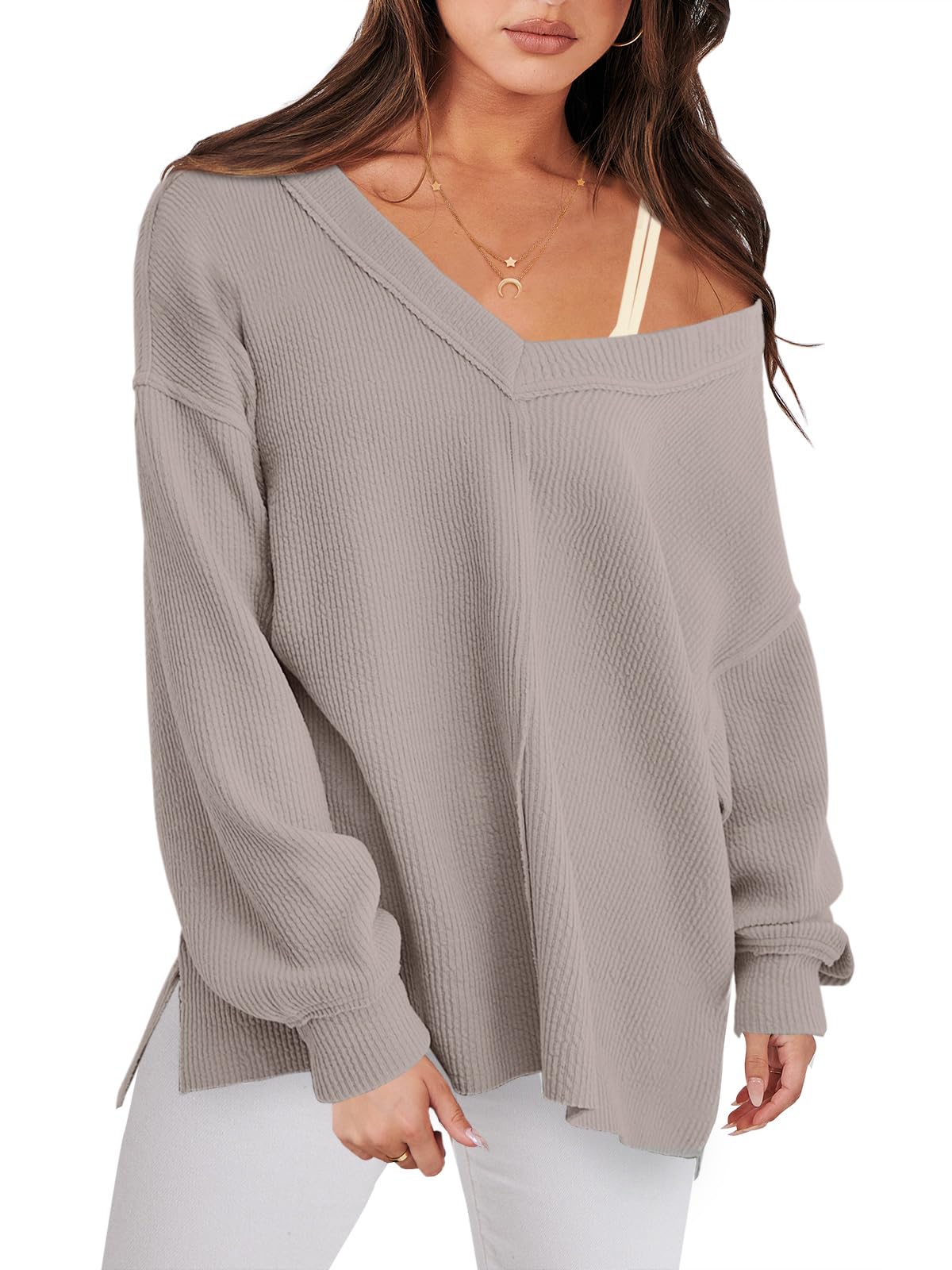 Caracilia Women's Oversized Off-Shoulder Long Sleeve Waffle Knit Sweater - V-Neck Pullover Top for Fall 2024 | Casual Outfit, Layering Essential & Cozy Winter Fashion