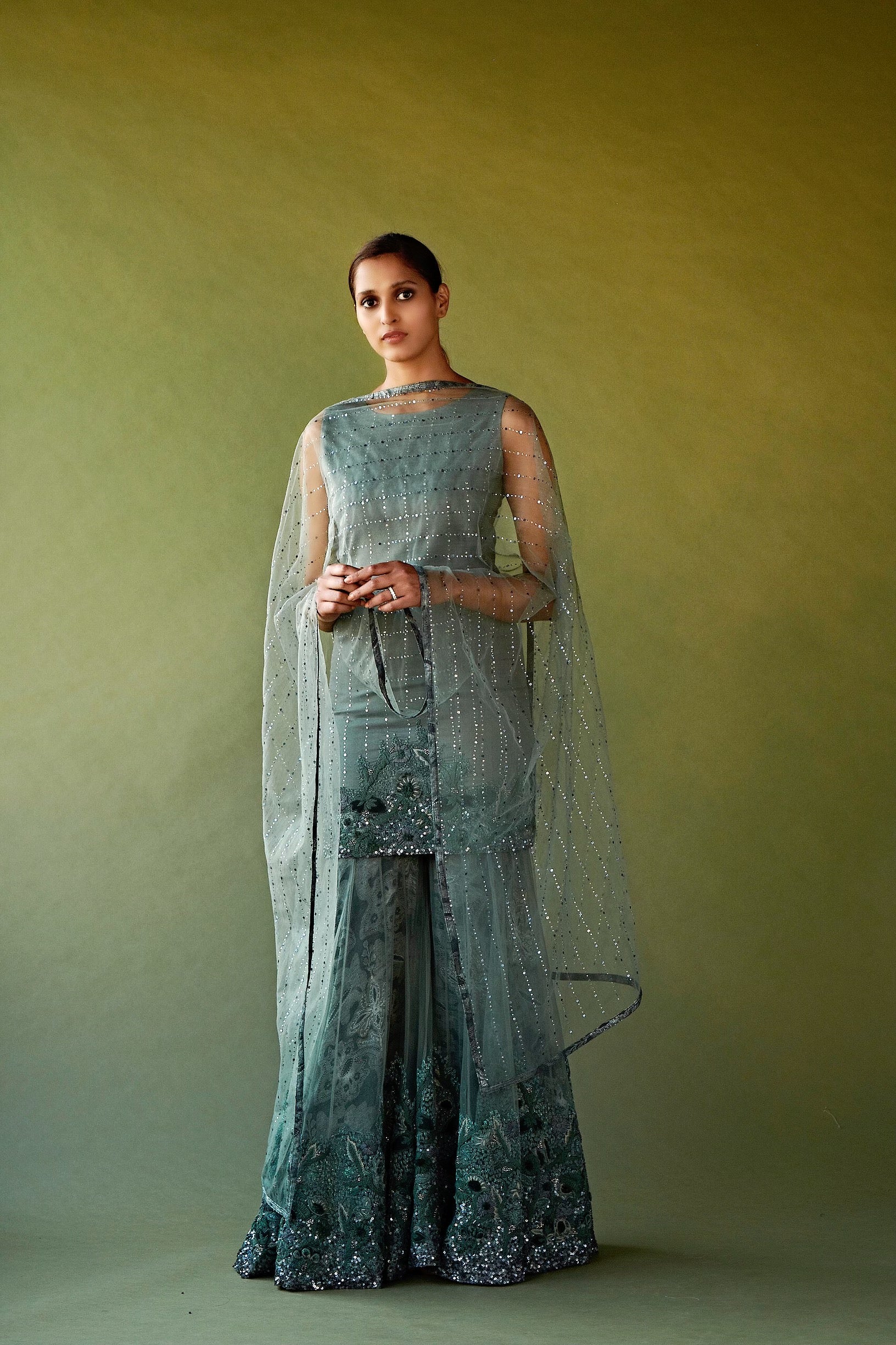 Elegant Jade Green Pewter Embellished Kurta Set with Sharara & Dupatta - Perfect for Weddings, Festivals & Special Occasions