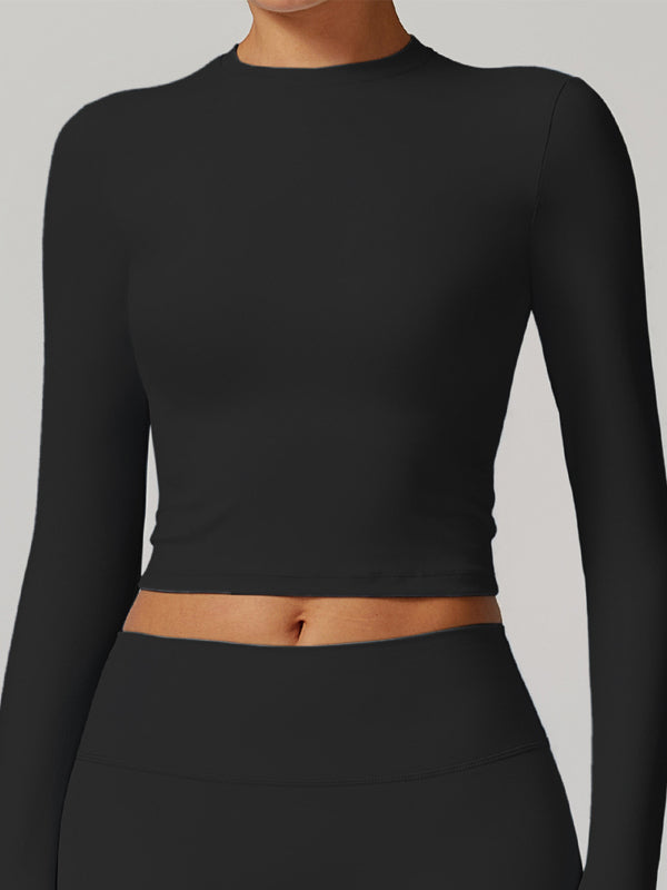 ZASUWA Women's Solid Color Quick Dry Elastic Tight Long Sleeve Workout Tops - Perfect for Yoga, Running & Gym Training