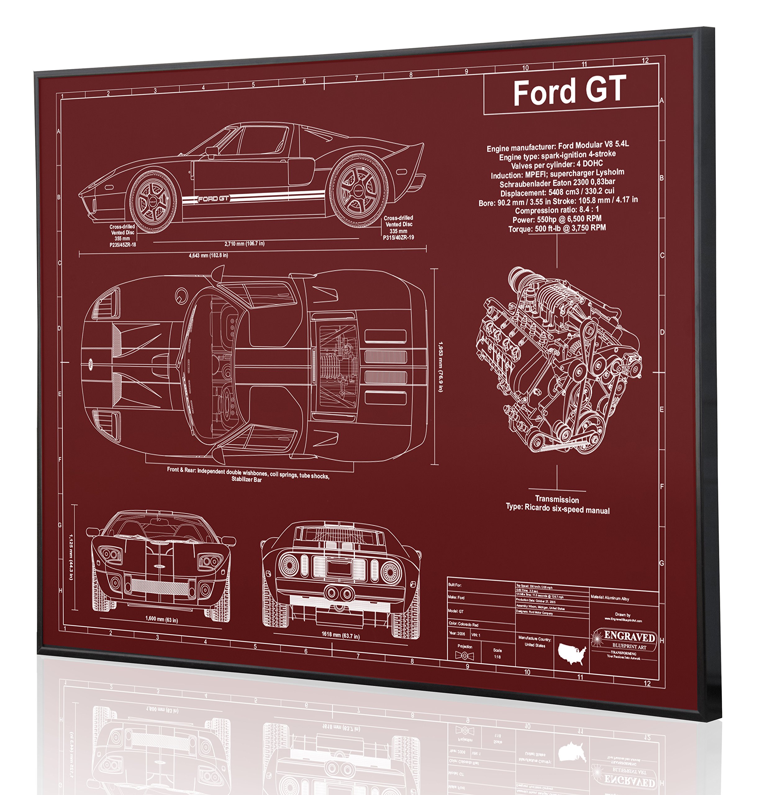 Ford GT Blueprint Artwork - Laser Engraved & Personalized - Unique Car Enthusiast Gift for Home or Office Decor