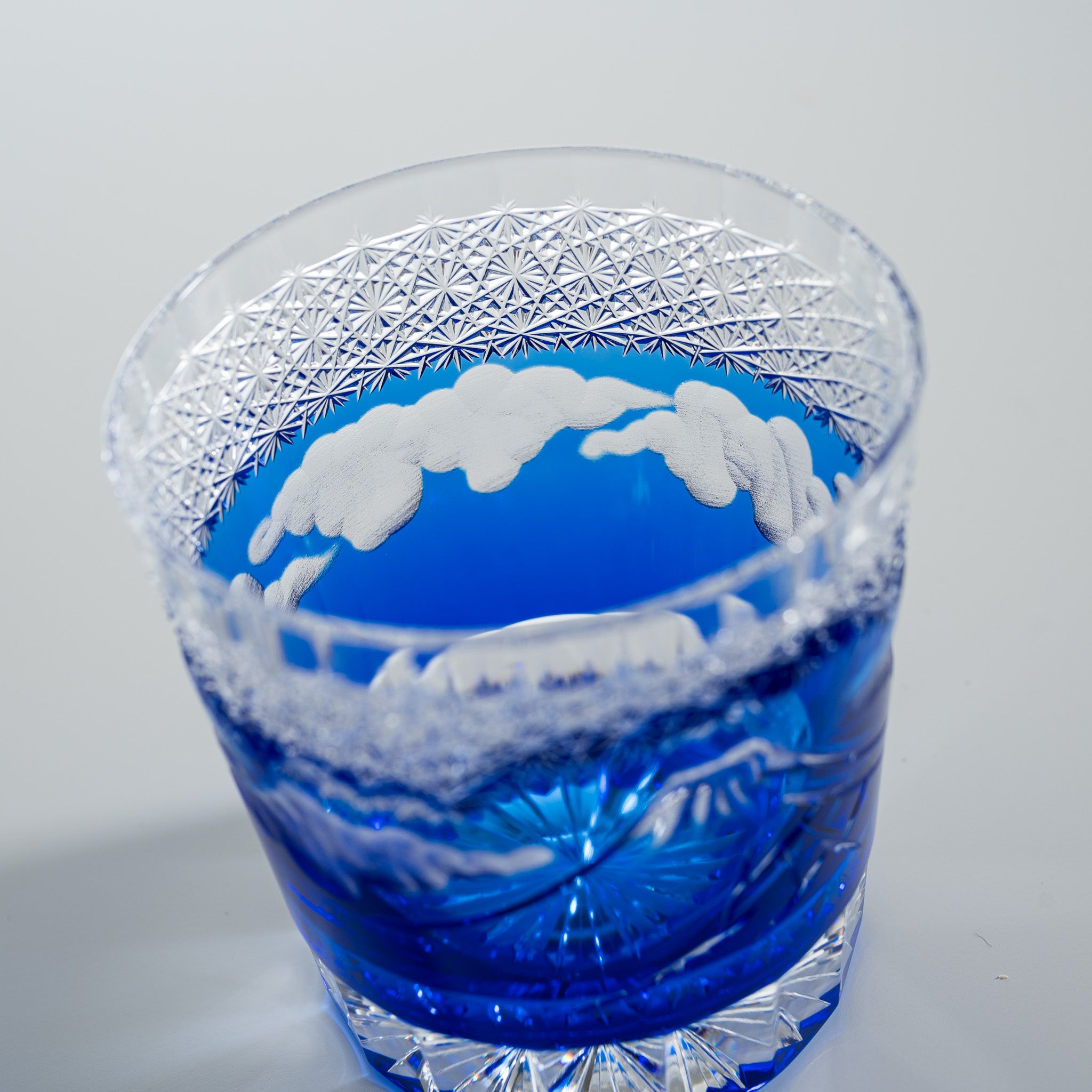Yamada Crystal Glass Rock Glass with Mt Fuji Design - Blue Whiskey Tumbler for Bourbon, Scotch & Cocktails - Perfect for Home Bar, Gifts & Parties