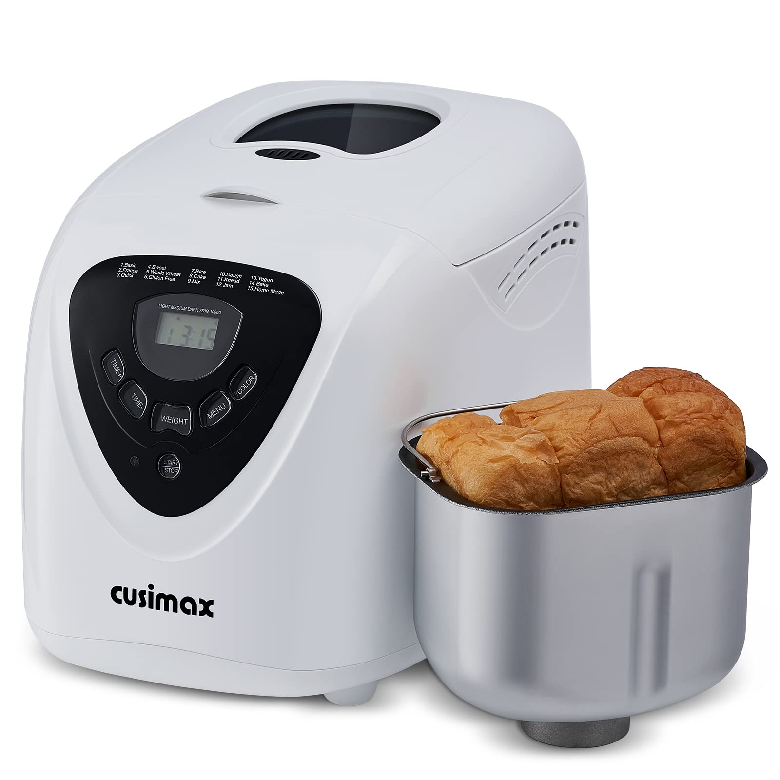 CUSIMAX 2 LB Automatic Bread Maker Machine - 15-in-1 Breadmaker with Nonstick Pan, 650W, Gluten Free, 15H Delay Timer & 1H Keep Warm - Perfect for Home Baking, Breakfast & Healthy Eating (White)