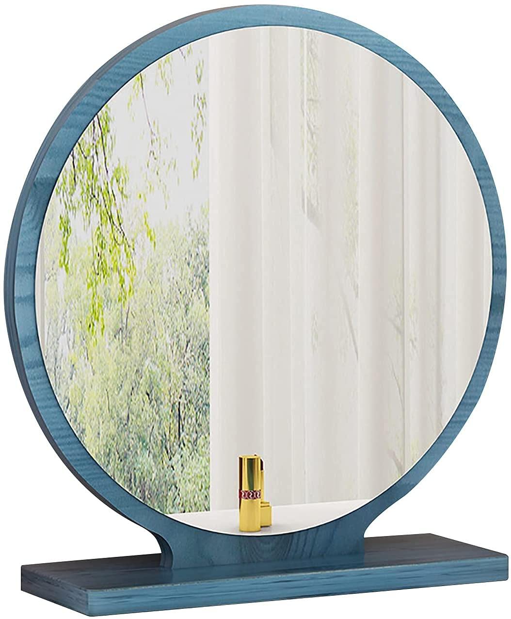 Round Vanity Makeup Mirror with Wood Frame - 30cm Blue Decorative Standing Mirror for Bedroom, Bathroom & Dressing Table | Modern Circle Desk Mirror for Home Decor & Makeup Application
