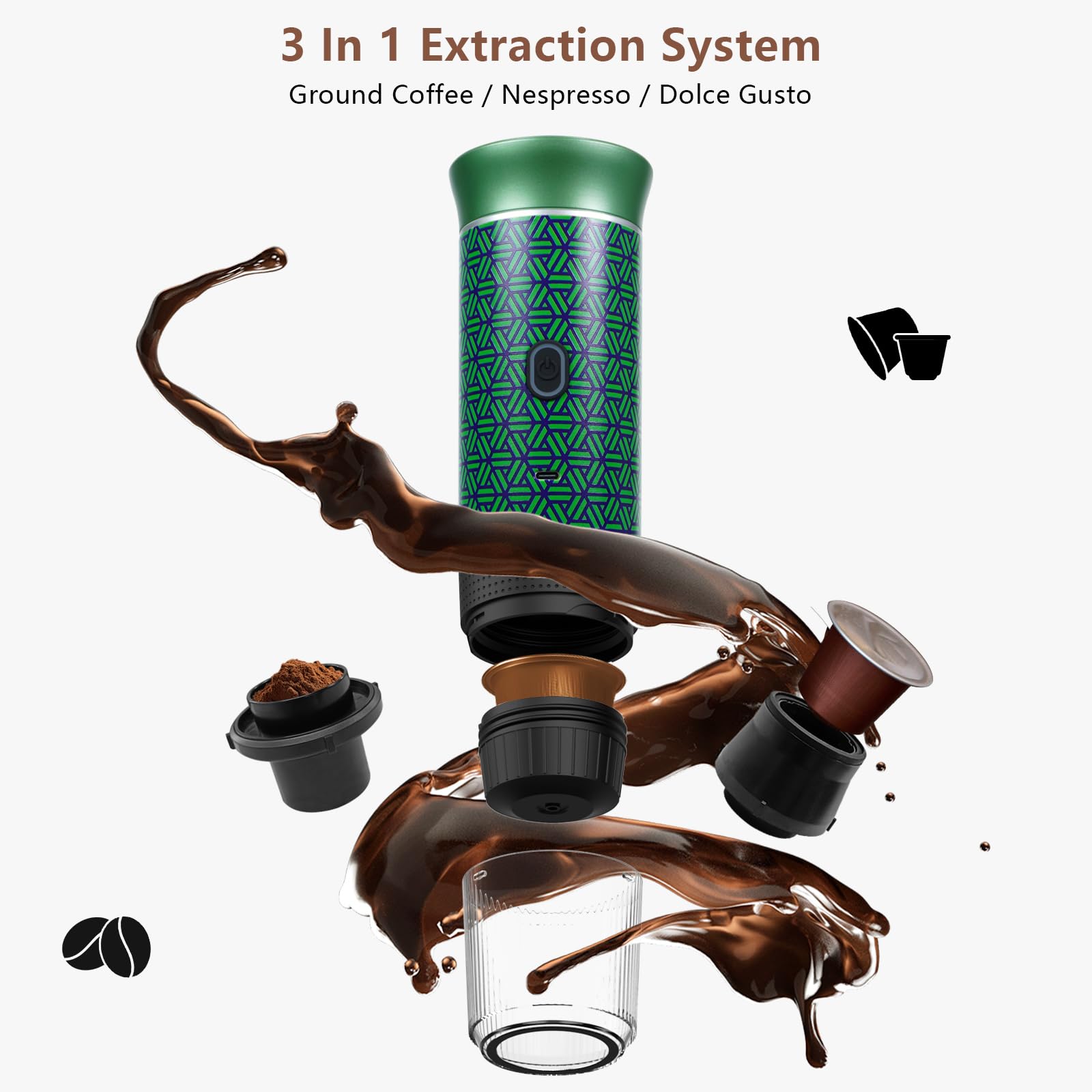 Portable Electric Espresso Machine - Battery Powered Rechargeable Coffee Maker for Camping, Travel, RV & Hiking - Works with Ground Coffee & Capsules - Self Heating Fast Brewing - Green & Black Design - Perfect for Outdoor Adventures, Road Trips and Office Use