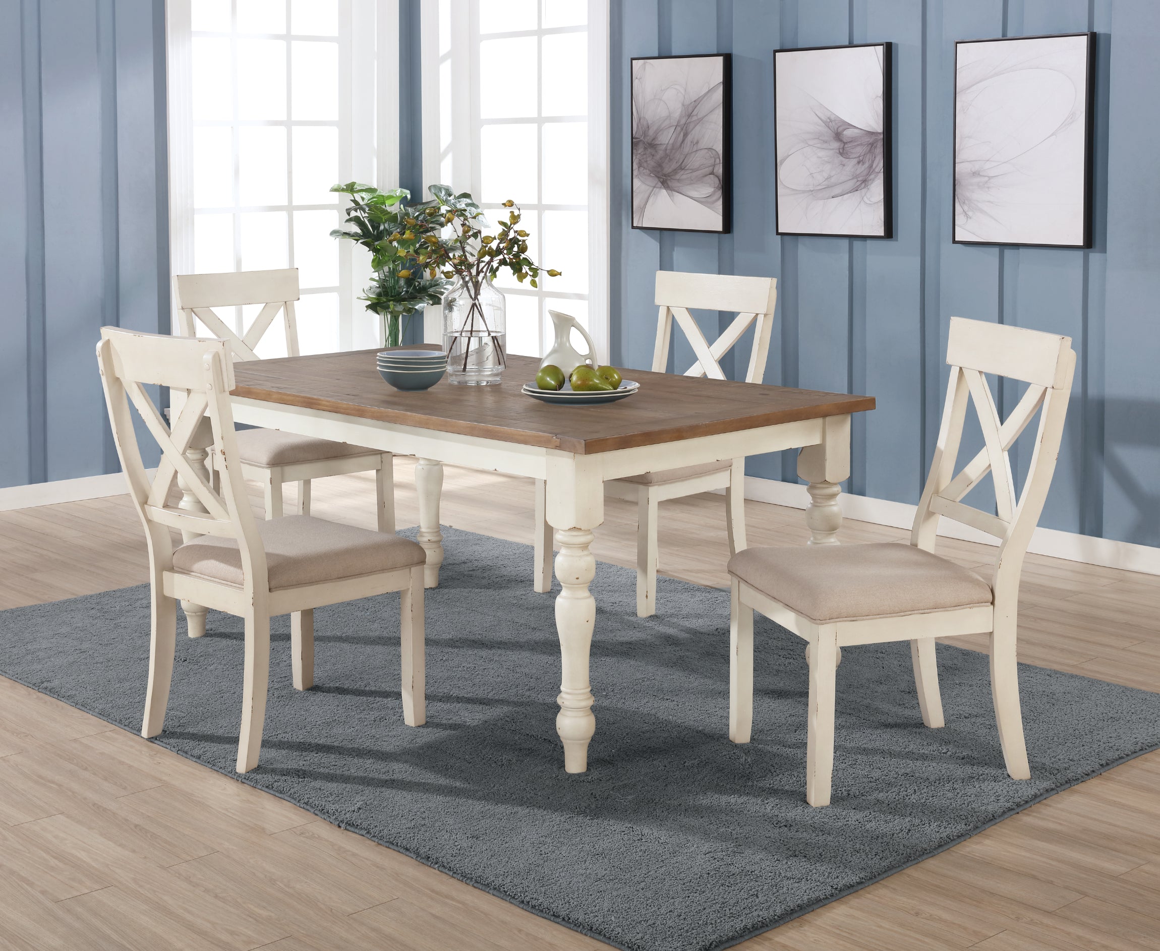5-Piece Antique White Dining Table Set with Cross Back Chairs & Distressed Oak Finish - Perfect for Farmhouse, Rustic, and Vintage Home Decor