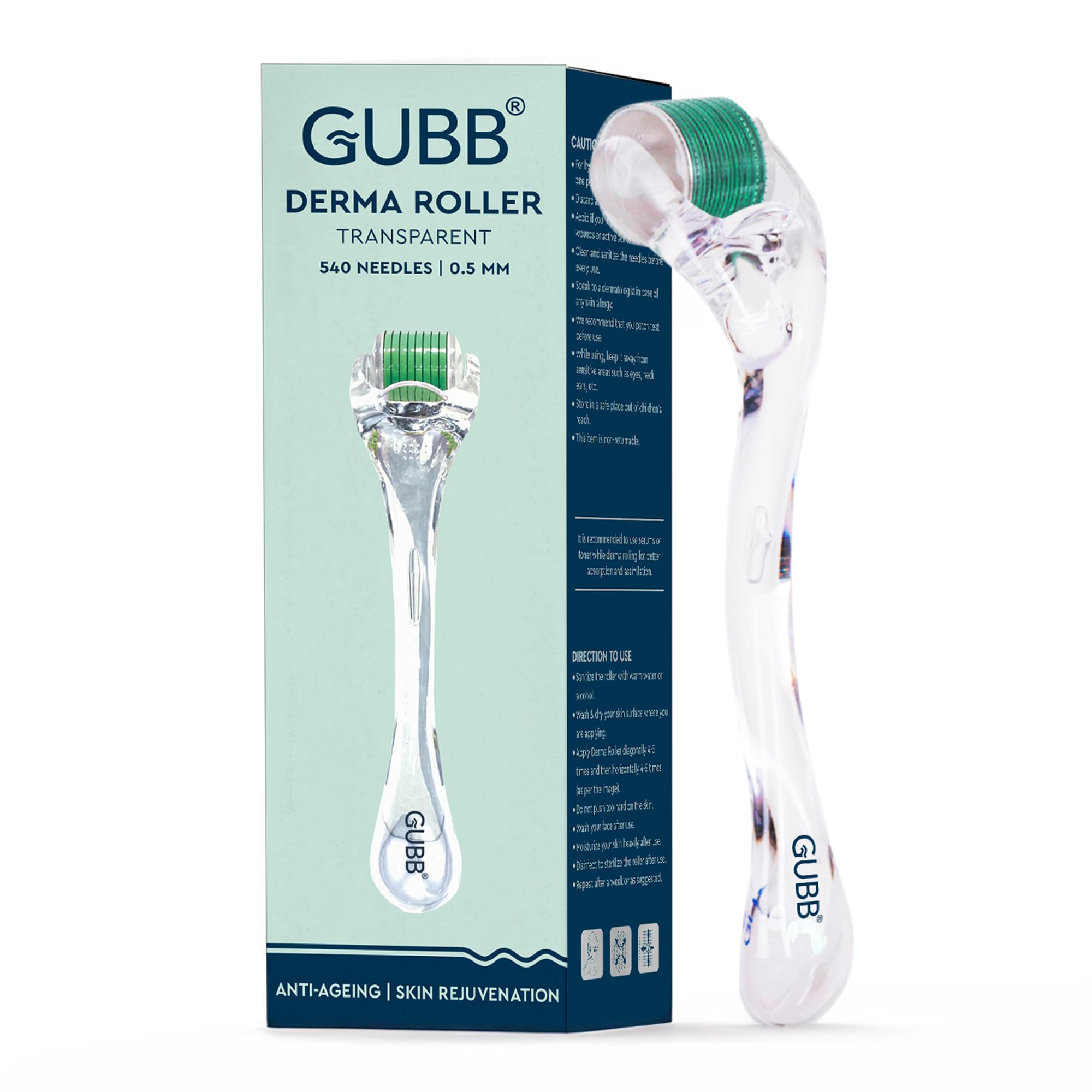 GUBB 0.5mm Derma Roller for Face - Professional Microneedling Tool for Acne Scars, Wrinkles, Beard Growth, Skin Rejuvenation & Hair Regrowth - Transparent Green - Perfect for Home Skincare & Beauty Routine