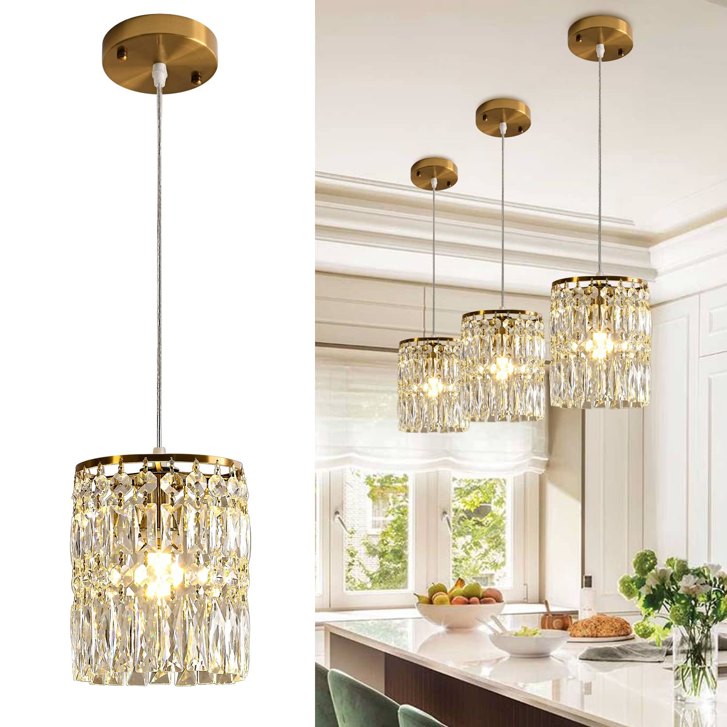 Modern Gold Crystal Chandelier - 2-Pack Linear Raindrop Pendant Lights for Kitchen Island, Dining Room, Bedroom & Living Room | Elegant Ceiling Lighting Fixture for Hallway, Entryway & Home Decor