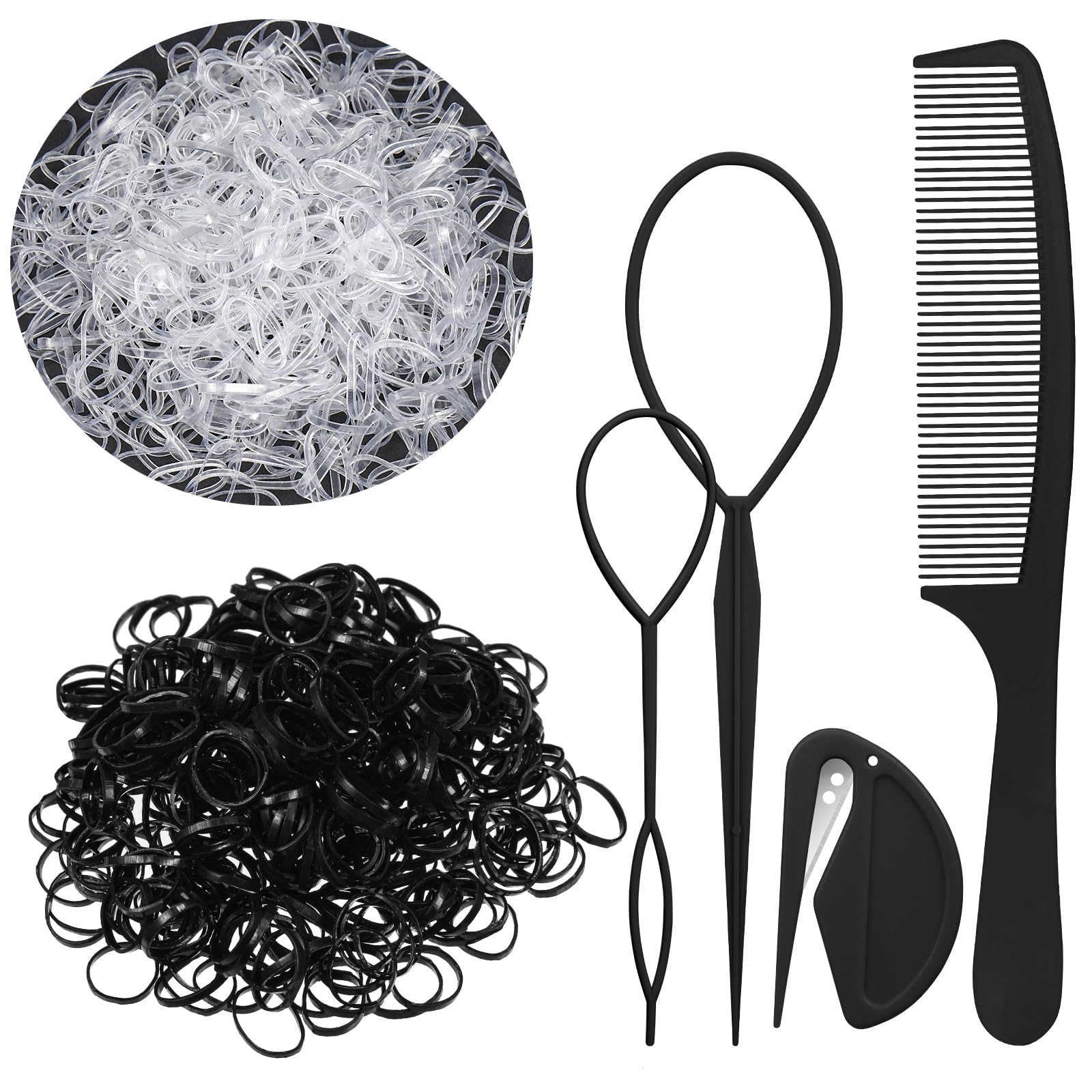 2000 Pcs Clear & Black Elastic Hair Bands Set with Hair Comb & Cutter - Small Hair Ties for Women & Baby Girls - Perfect for Ponytails, Braids & Everyday Hairstyles