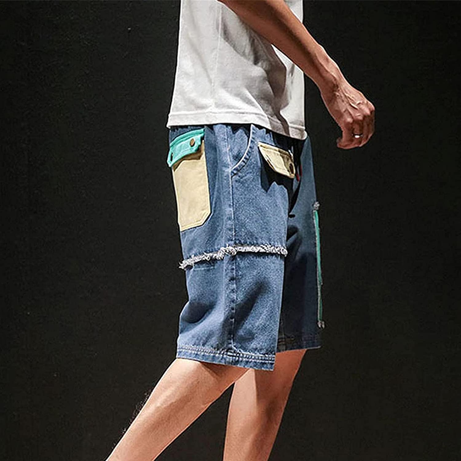 Men's Relaxed Fit Cargo Jean Shorts with Elastic Waist & Drawstring - Multi-Pocket Denim Shorts for Casual, Outdoor & Work Wear - Comfortable Loose Fit (Blue, Large) - Perfect for Summer, Hiking, Travel & Everyday Use
